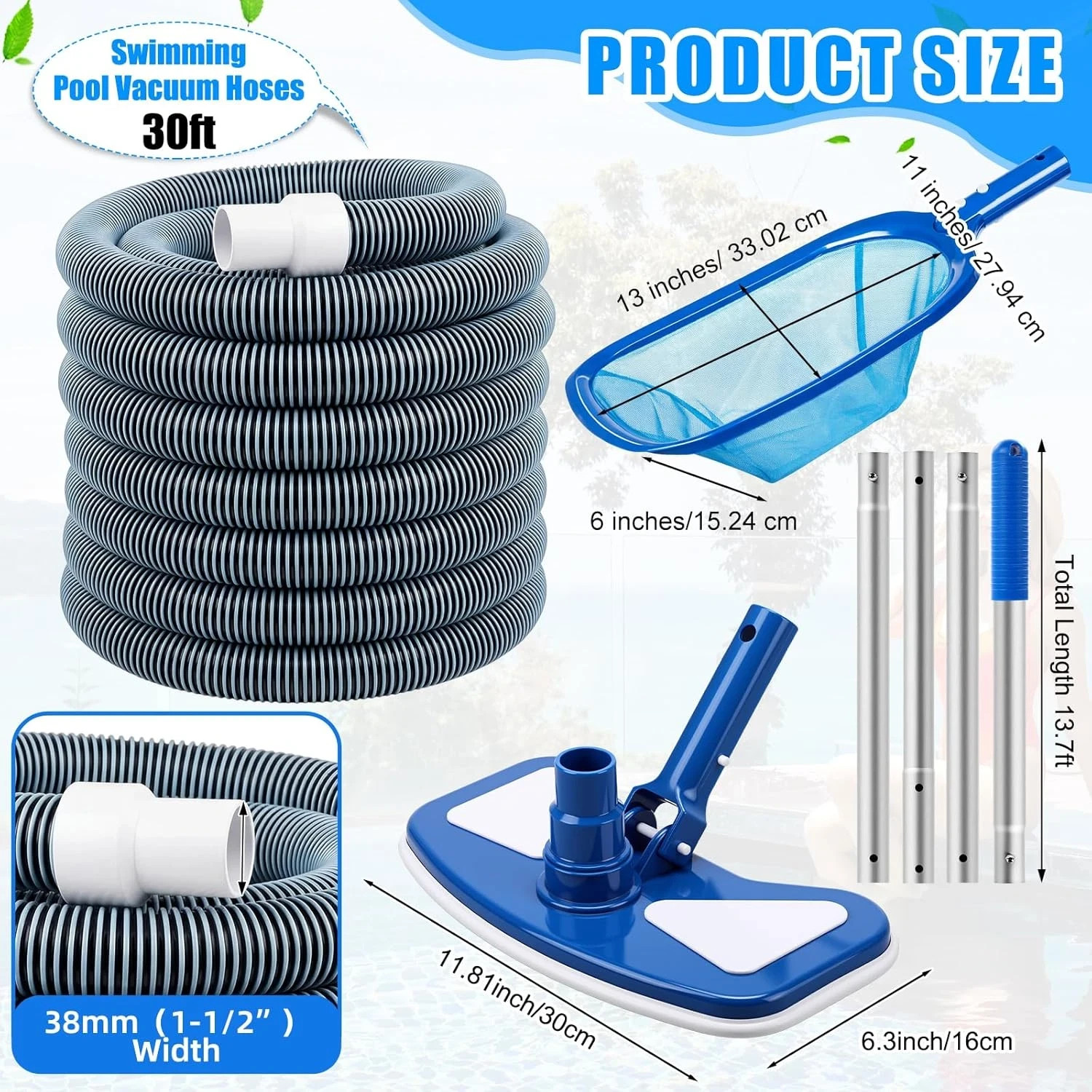 4 Pcs Swimming Pool Vacuum Kits 11.8&Prime; Vacuum Head with 1-1/2&Prime; X 29.5 Ft Hoses, 1