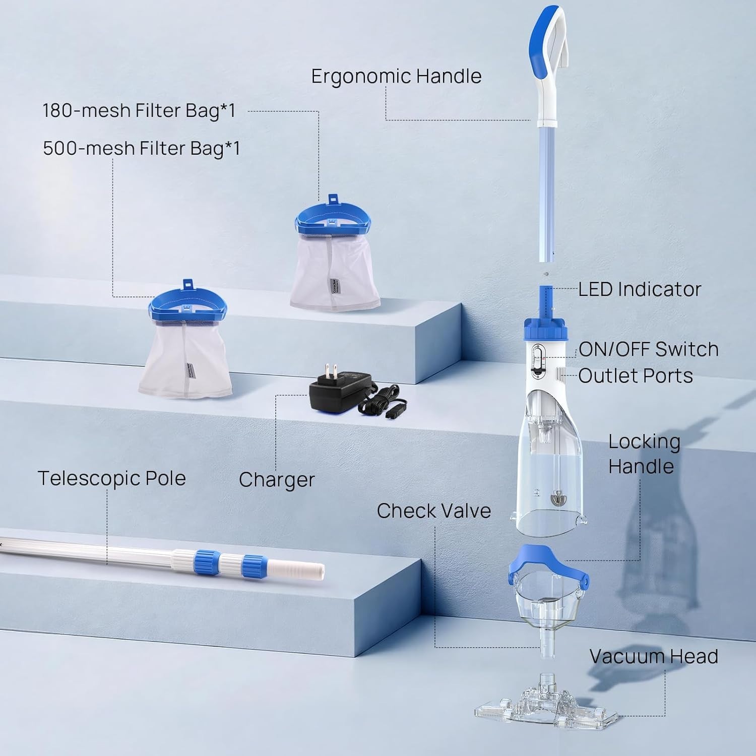 Powerful Rechargeable Pool Vacuum – 1110 GPH Suction, 75 Min Runtime, Easy Use