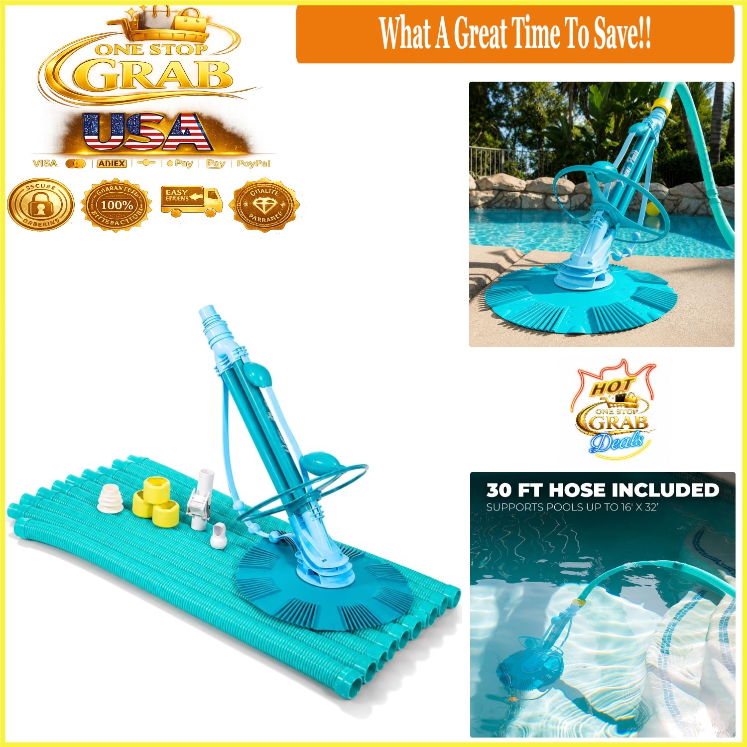 In-Ground Pool Cleaner Suction Vacuum 30ft Hose Set Blue