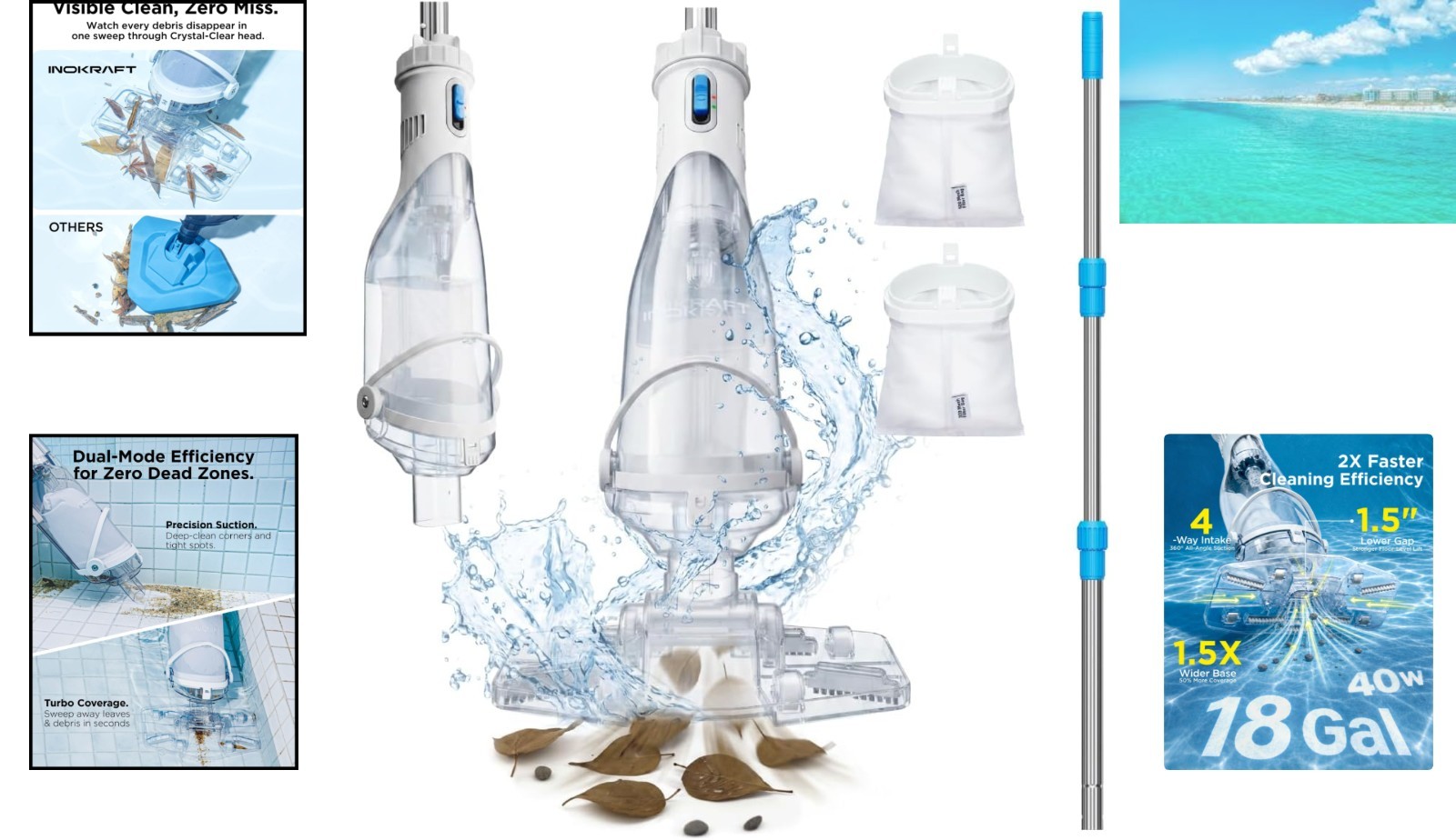 Rechargeable Handheld Pool Cleaner with 18.5 GPM Suction & 59” Extendable Pole