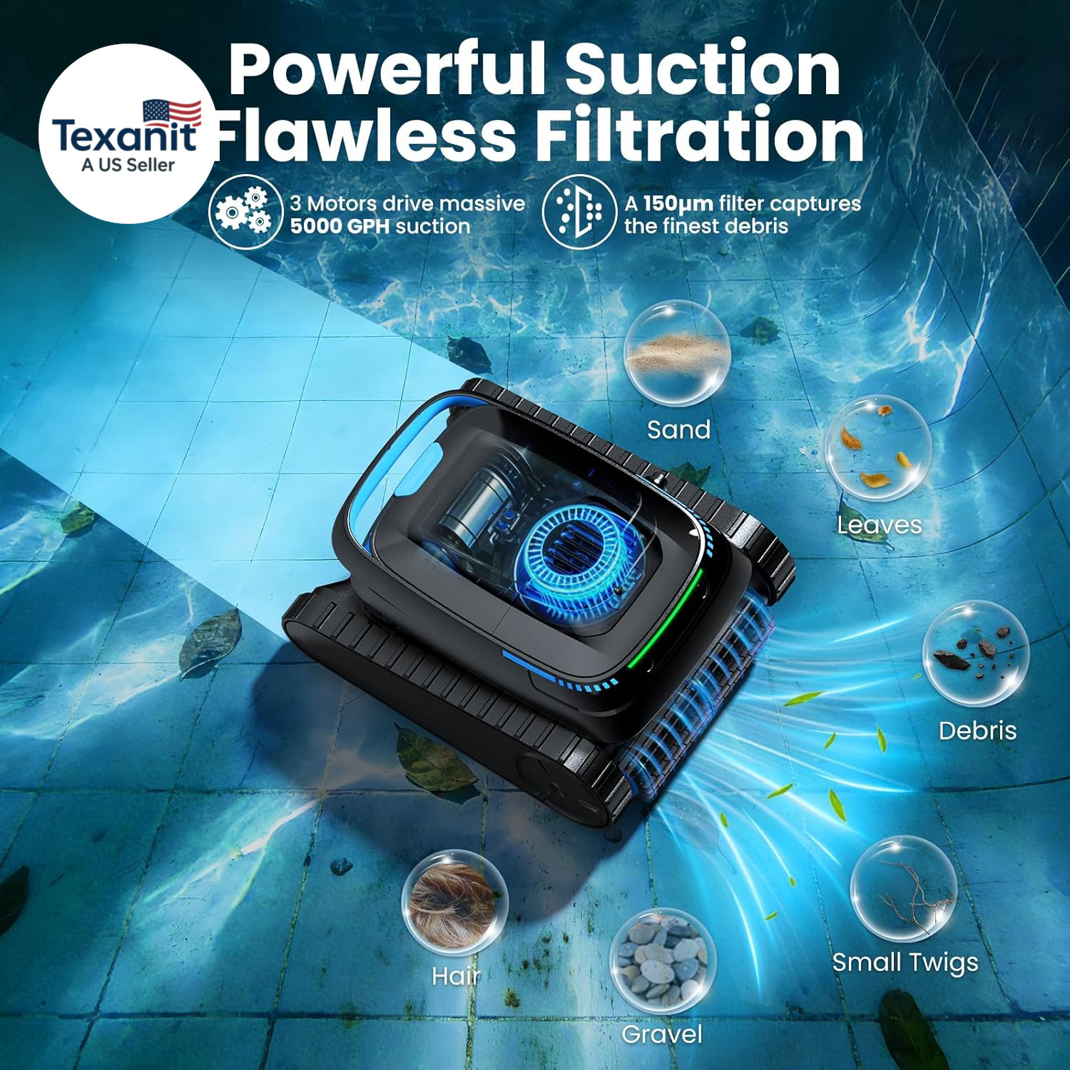 Robotic Pool Vacuum PC10, Cordless Pool Cleaner Robot for Inground & above Groun