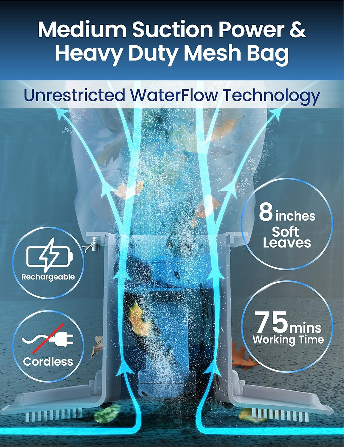 Rechargeable Medium Duty Pool Leaf Vacuum Cleaner with Pole, Runs 75-Mins, for P