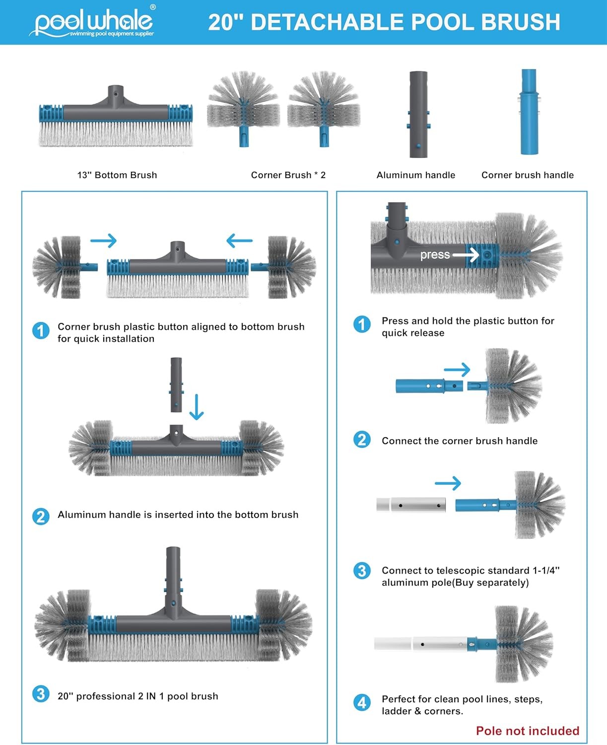 20 » Pool Brush Head, Detachable Pool Cleaning Brush with Durable Around Nylon