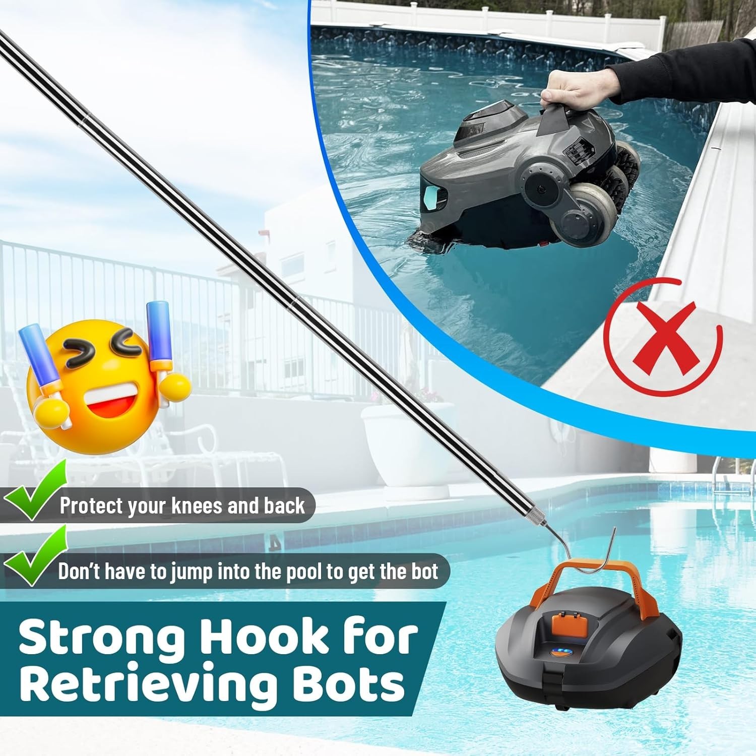 Professional Telescopic Pool Pole with U-Hook for Easy Robotic Cleaner Retrieval