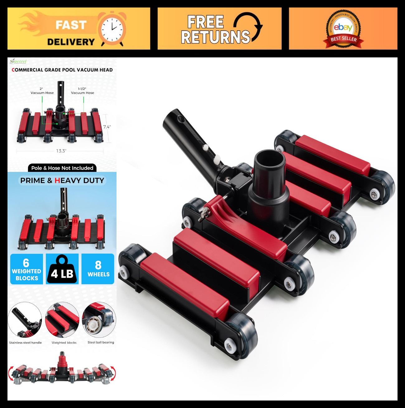 14&Prime; Heavy-Duty Pool Vacuum Head with Wheels – Extra-Wide, Flexible & Weighted Cl
