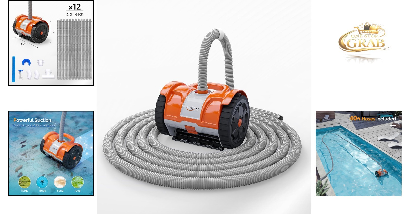 2025 Pool Vacuum Cleaner Suction Side Wall-Climber 39.6ft Hose Orange Grey