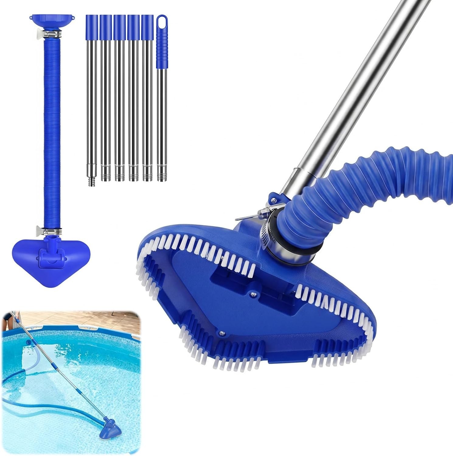 Manual Pool Vacuum Cordless Telescopic Pipe Inlet Strainer Attaches Above Ground