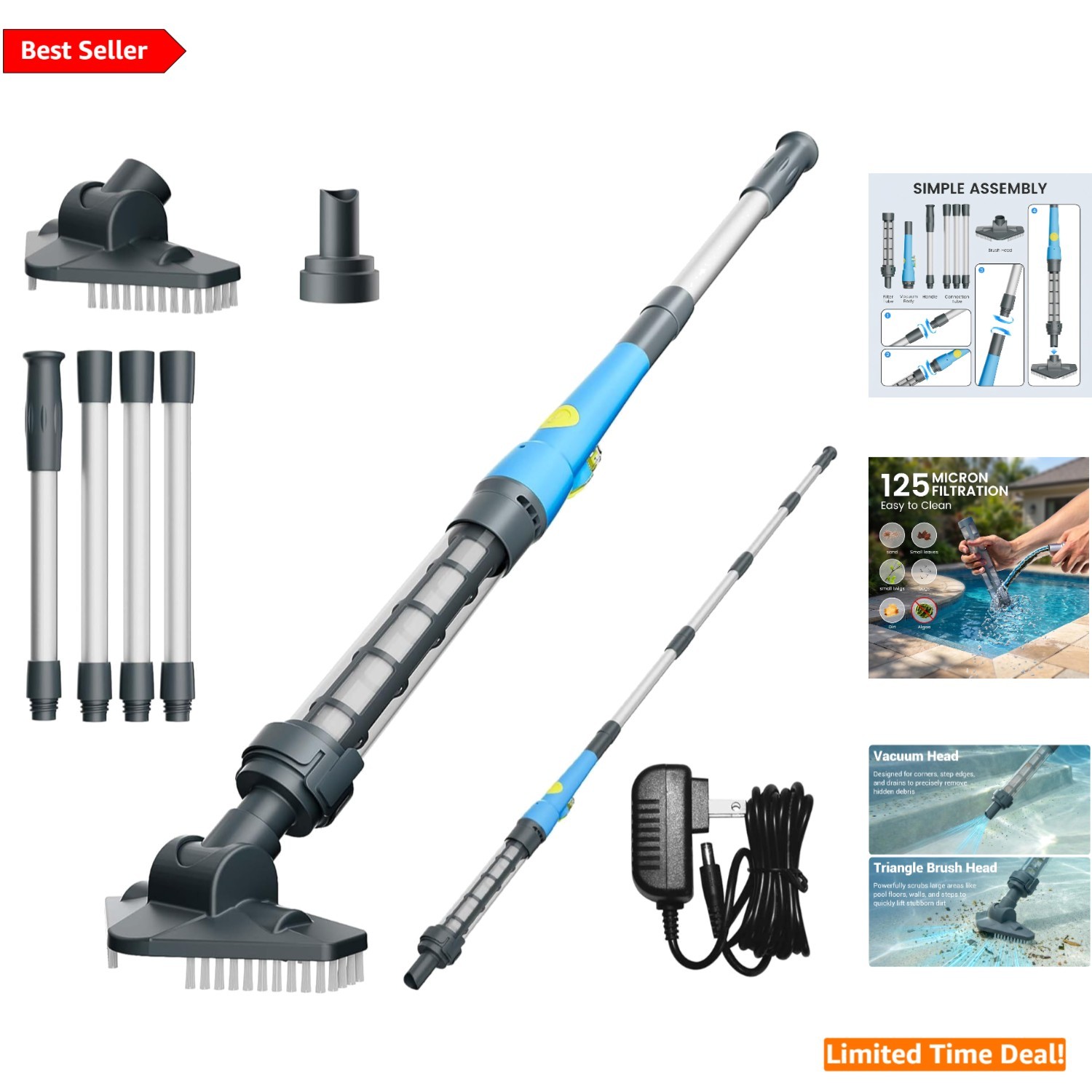 7.5 ft Adjustable Cordless Vacuum for Quick and Easy Pool & Hot Tub Cleaning