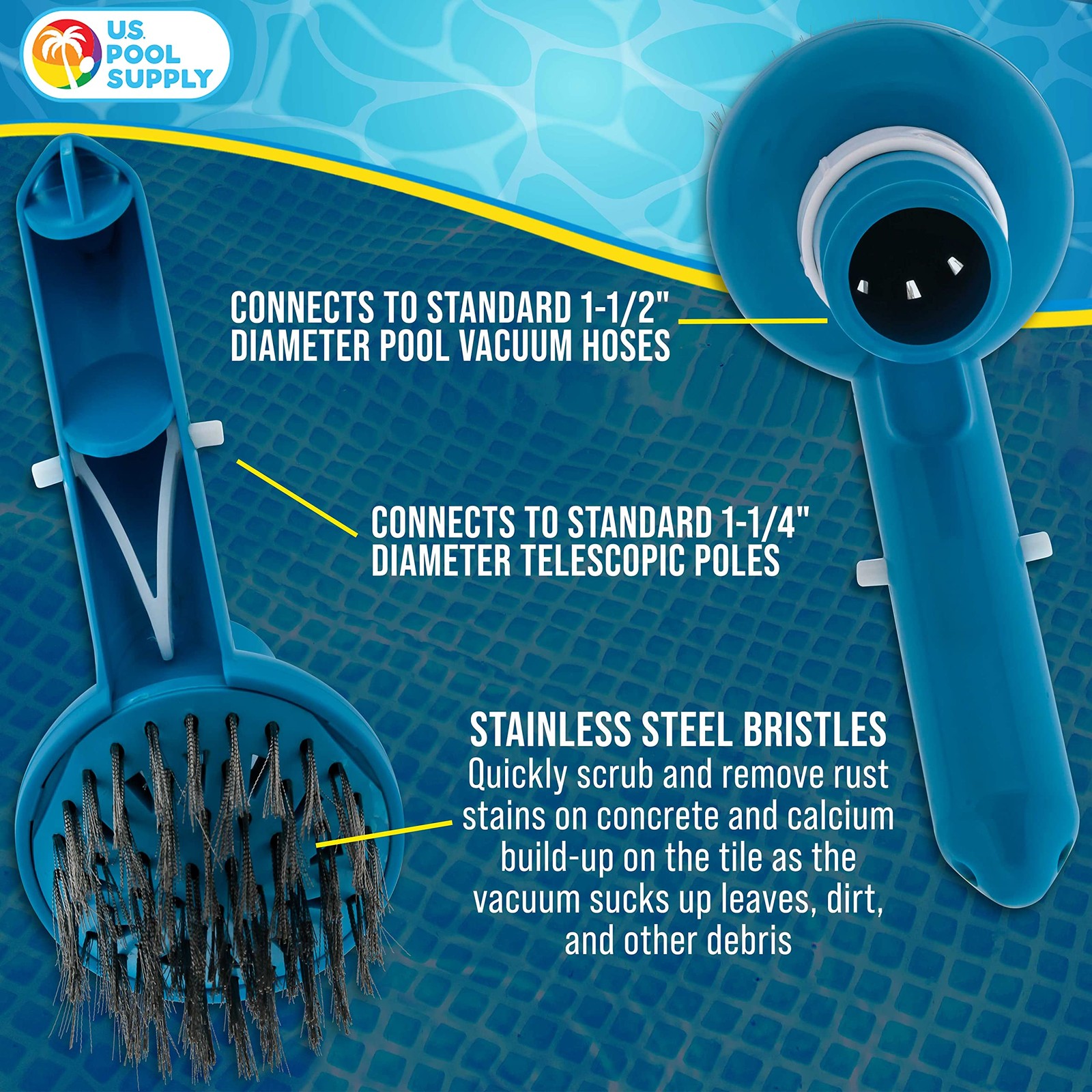 U.S. Pool Supply Corner Vacuum Head Brush with Stainless Steel Bristles, Blue