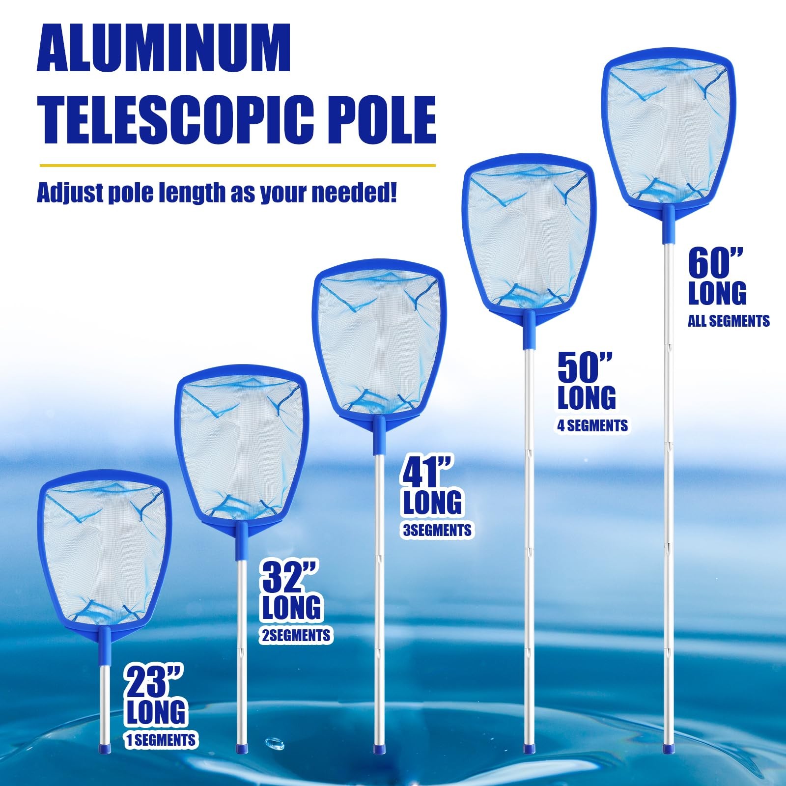 Adjustable Pool Skimmer Net with Telescopic Pole Ultra Fine Mesh Rake