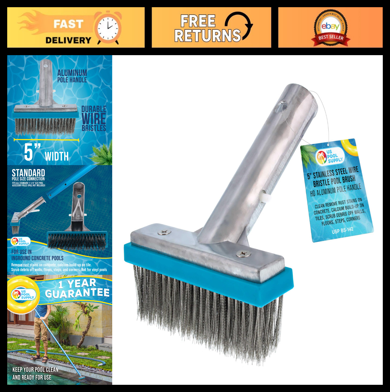 Inground Pool Brush Head – 5&Prime; Stainless Steel, Metal Wire Bristles, Calcium Remo