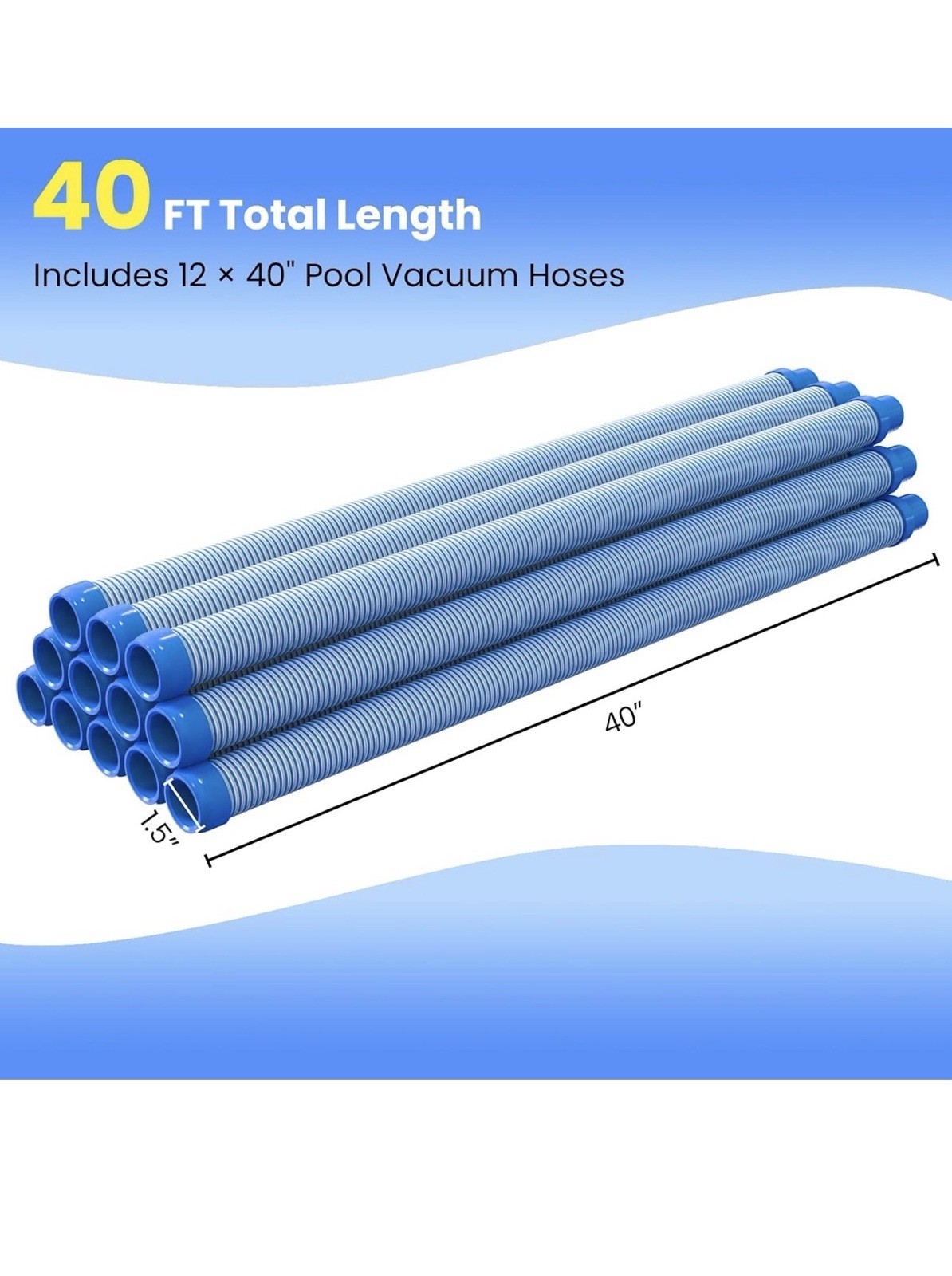 Pool Vacuum Hose 40 Feet (12 x 40 Inch), 1.5 Inch Cuffs, Compatible with Most