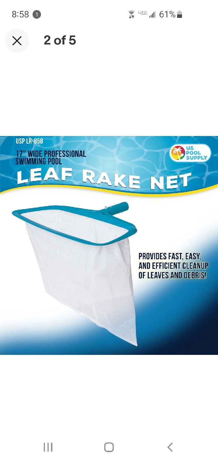 U.S. Pool Supply Pool Leaf Rake with Deep Net Bag & EZ Clip Handle~Free Shipping
