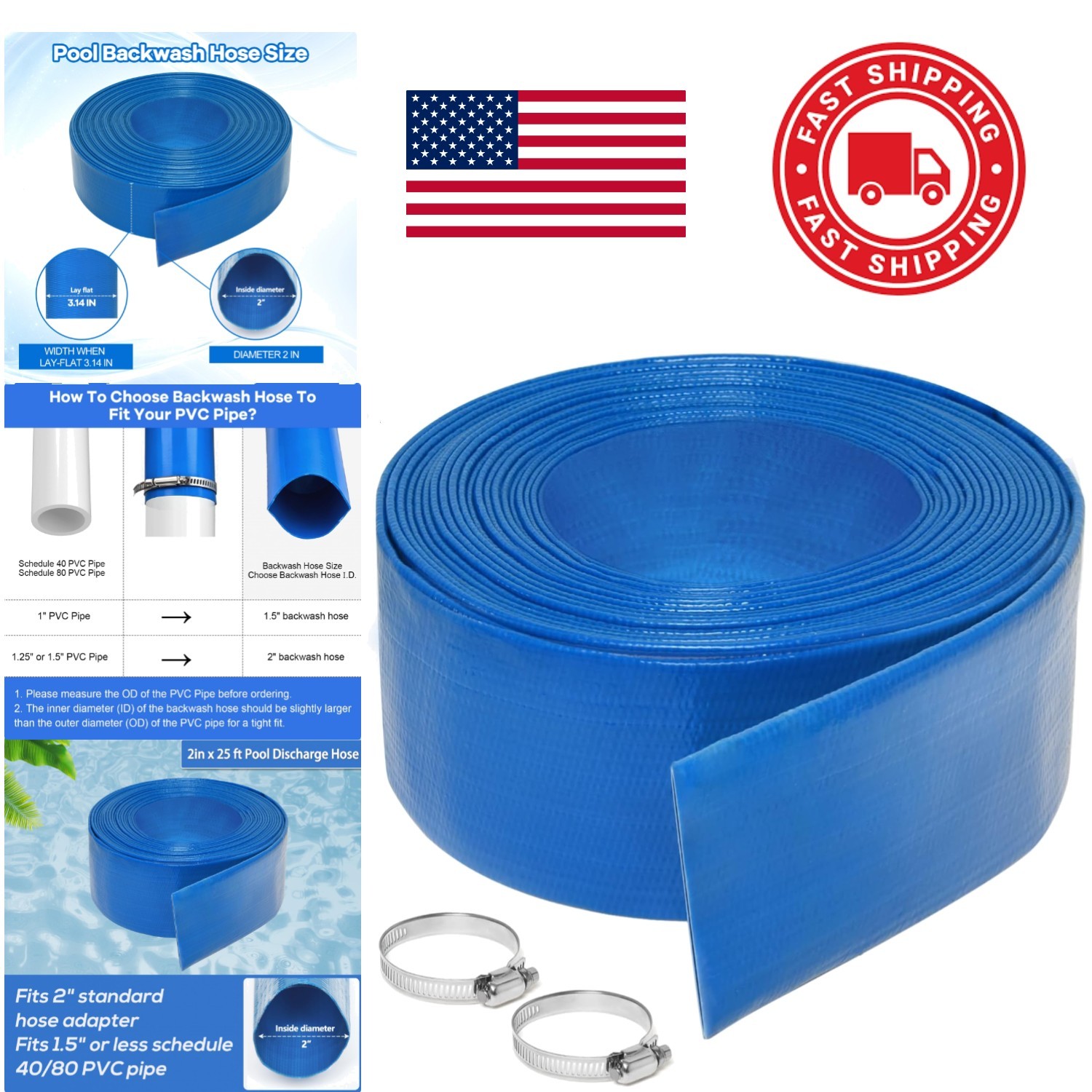 2 Inch by 25 Foot PVC Swimming Pool Discharge Hose with Stainless Steel Clamp