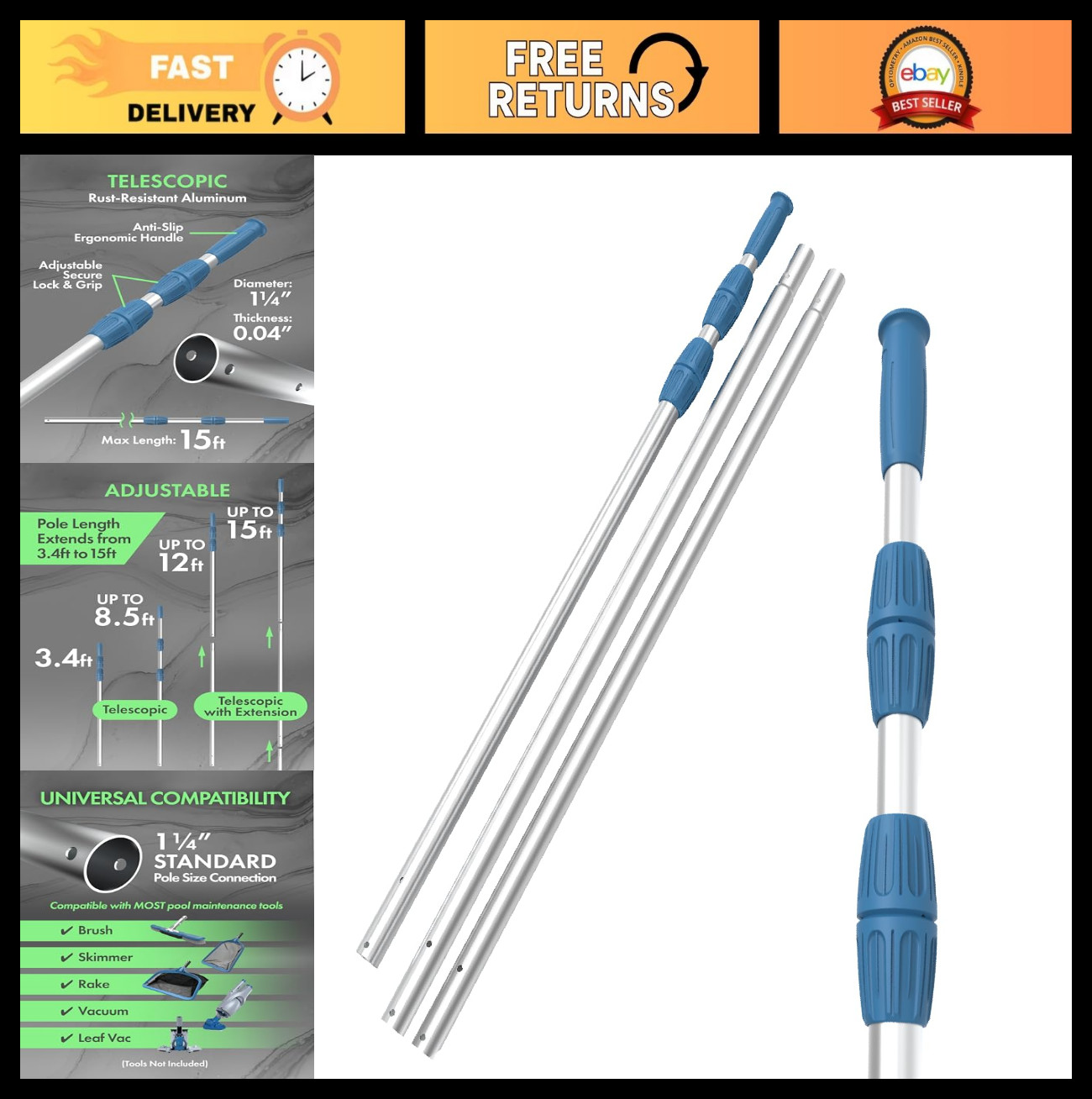15ft Heavy Duty Telescopic Pool Pole – Adjustable Aluminum, Fits Vacuum & Net, A