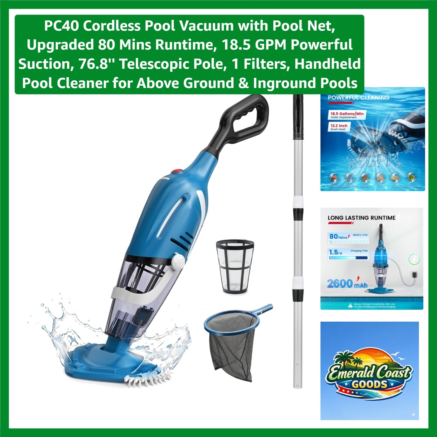 PC40 Cordless Pool Vacuum – 80 Mins Runtime, 18.5 GPM Suction & Telescopic Pole
