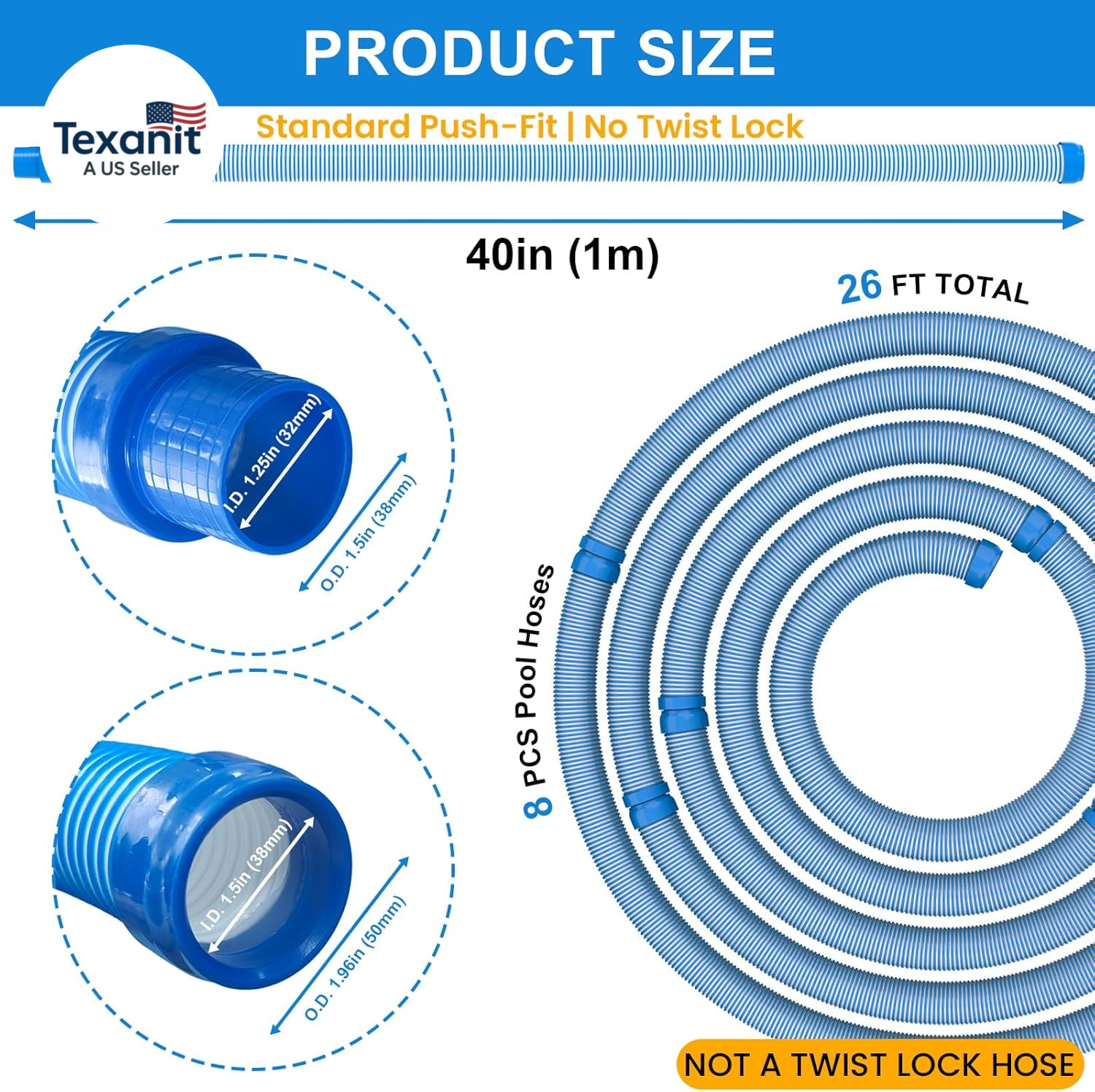 Pool Vacuum Hose 26 Feet (8 X 40 Inch), 1.5 Inch Cuffs, Compatible with Most Ing