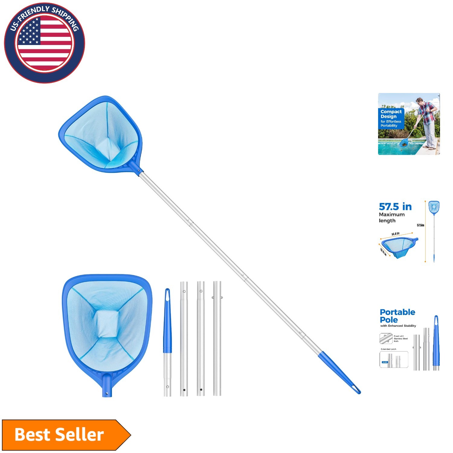 Lightweight Pool Skimmer Net with 4-Section Pole | Perfect for Hot Tubs & Spas