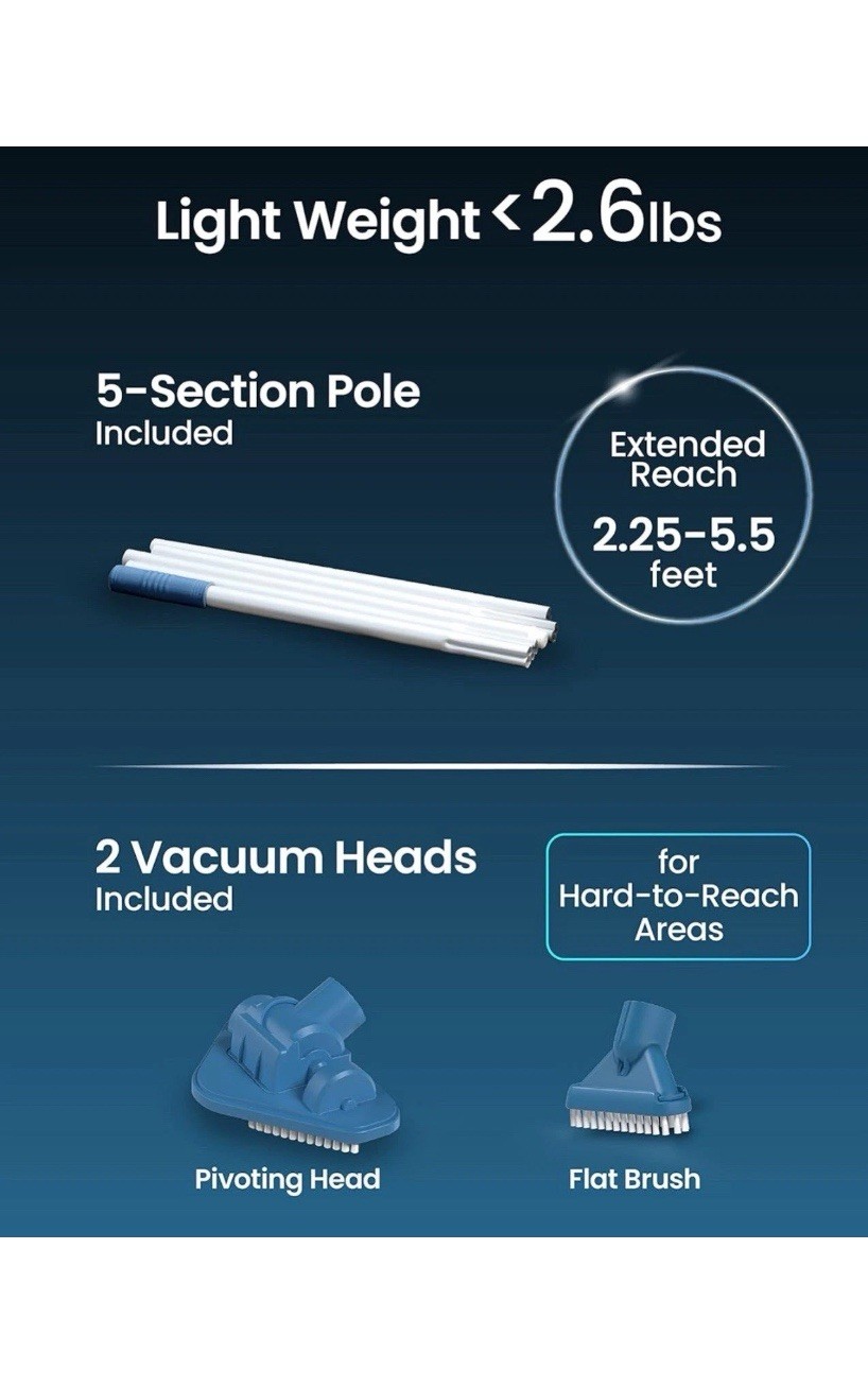 KOKIDO upgrade Rechargeable Handheld Pool Vacuum Aluminum Pole and 2 Brushes
