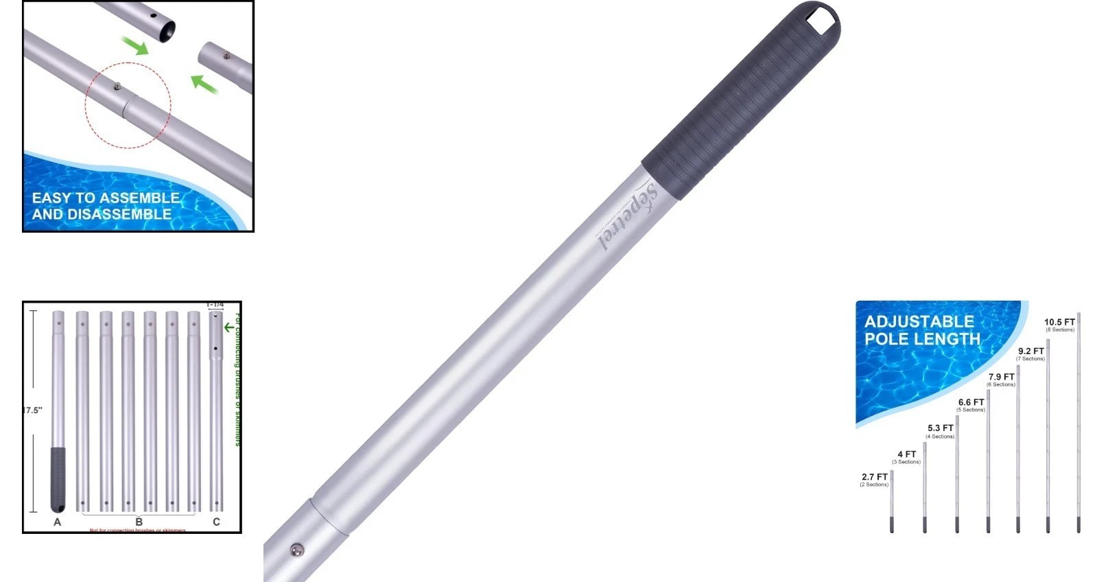 Rust-Resistant 10.5 FT Aluminum Pool Cleaning Pole – Easy Storage & Assembly