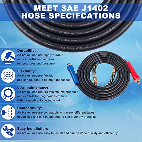 Air Line Hose Assembly, 15FT Rubber Air Hose With Grip, 15FT Air Brake Hose