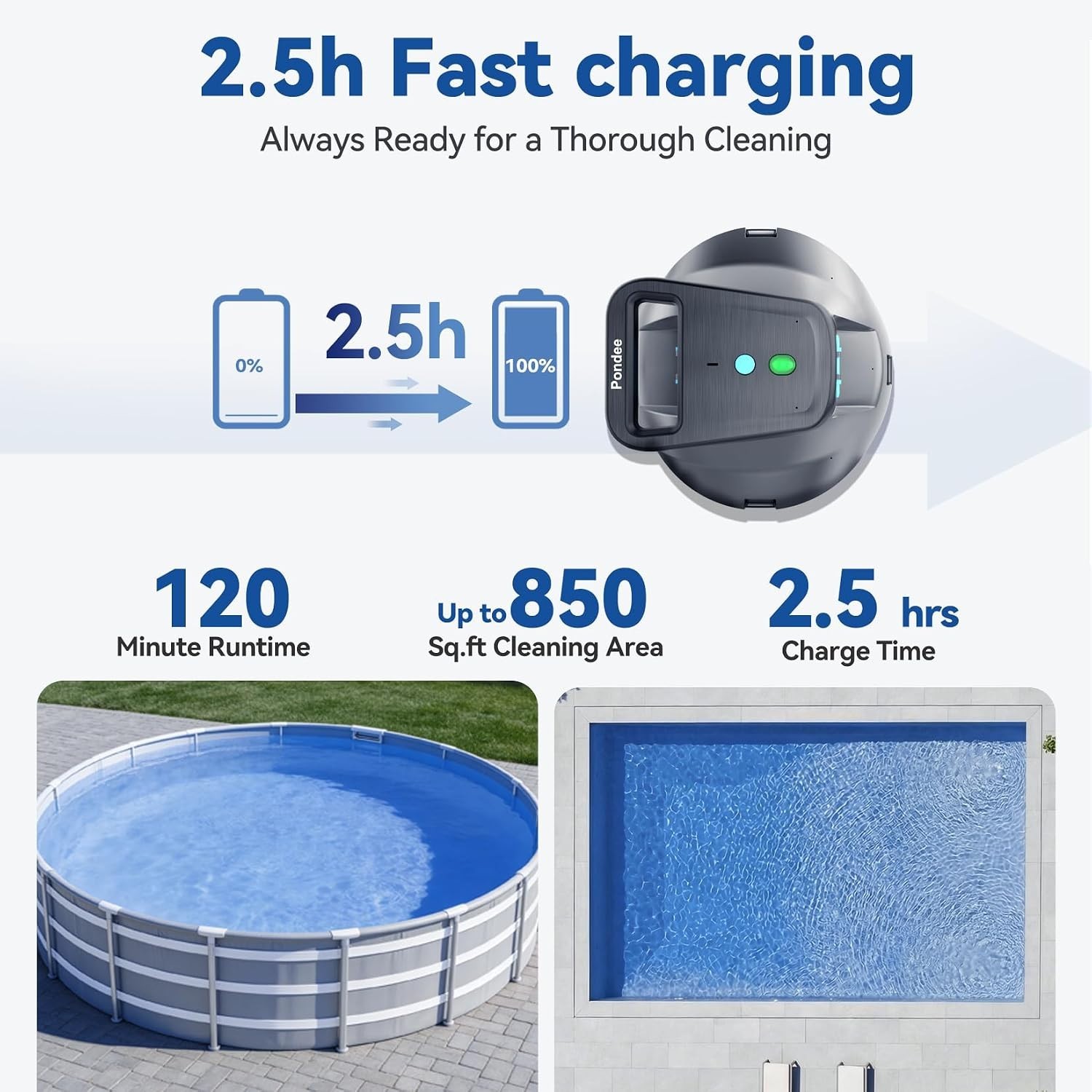 Sleek X1 Robotic Pool Vacuum: 2.5h Recharge & Versatile for Any Pool Surface