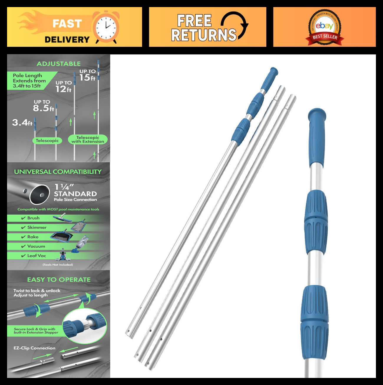 15ft Heavy Duty Telescopic Pool Pole – Adjustable Aluminum, Fits Vacuum & Net, A