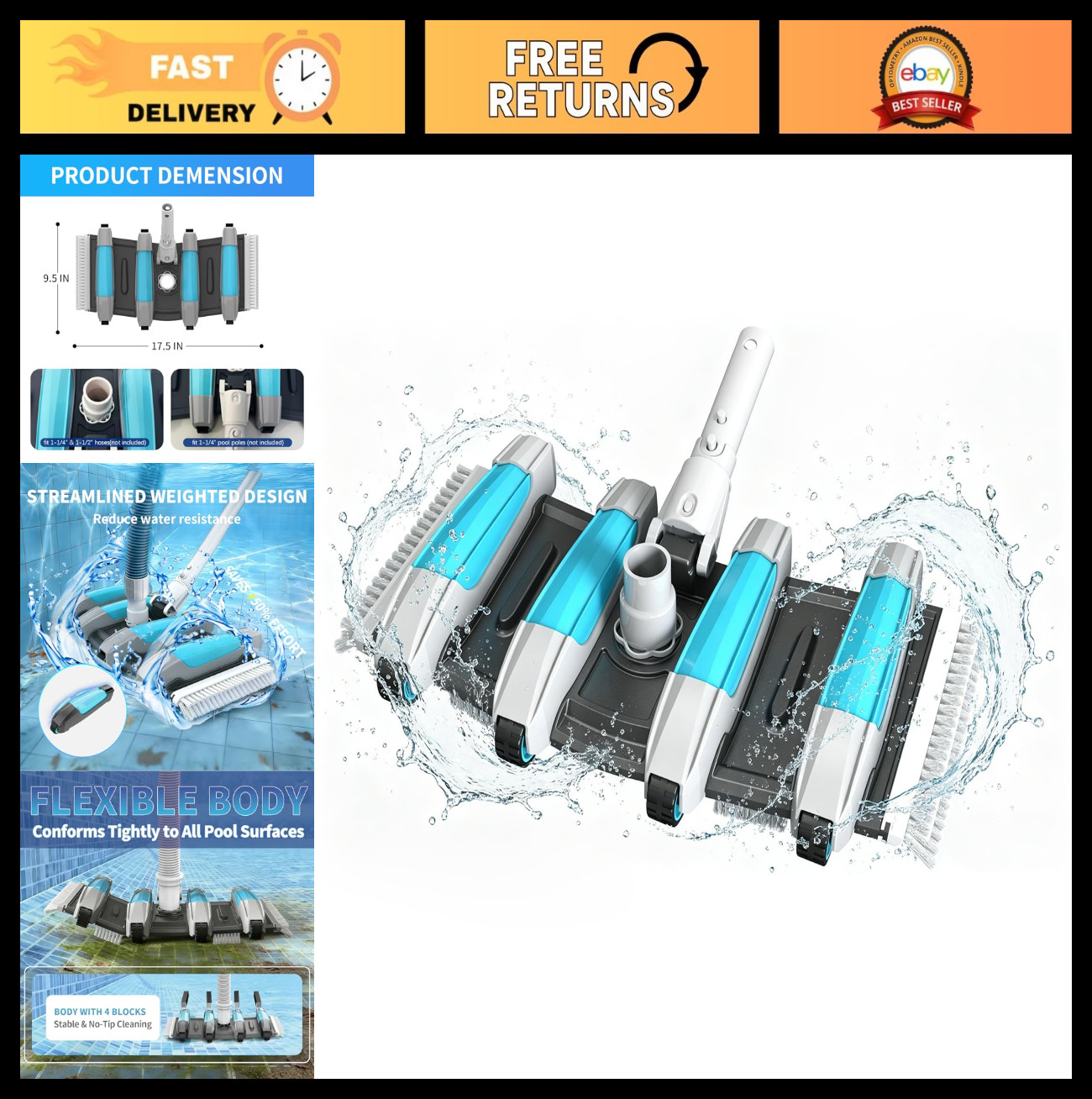 17.5&Prime; Pool Vacuum Head – Hydrodynamic Design, Flexible & Weighted for All Surfac