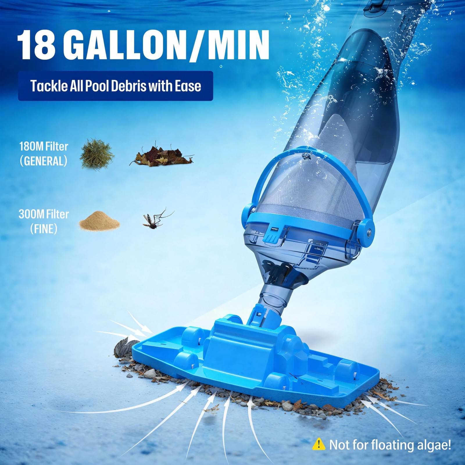 Cordless Handheld Pool Vacuum Rechargeable Pool Cleaner With 18.5 Gal/Min Suctio