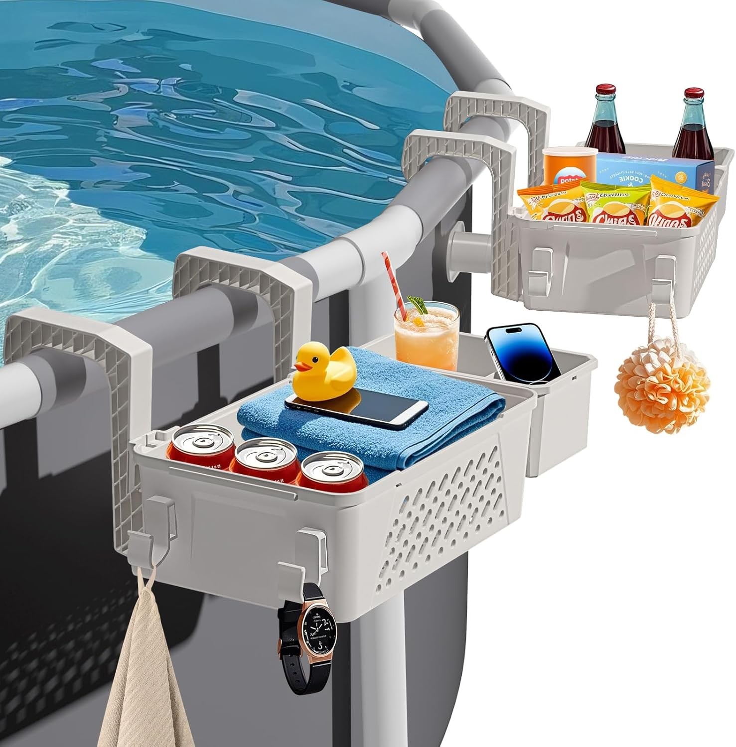 Pool Storage Basket 2 Pack with Cup Holders Hooks Organizer Above Ground Pool