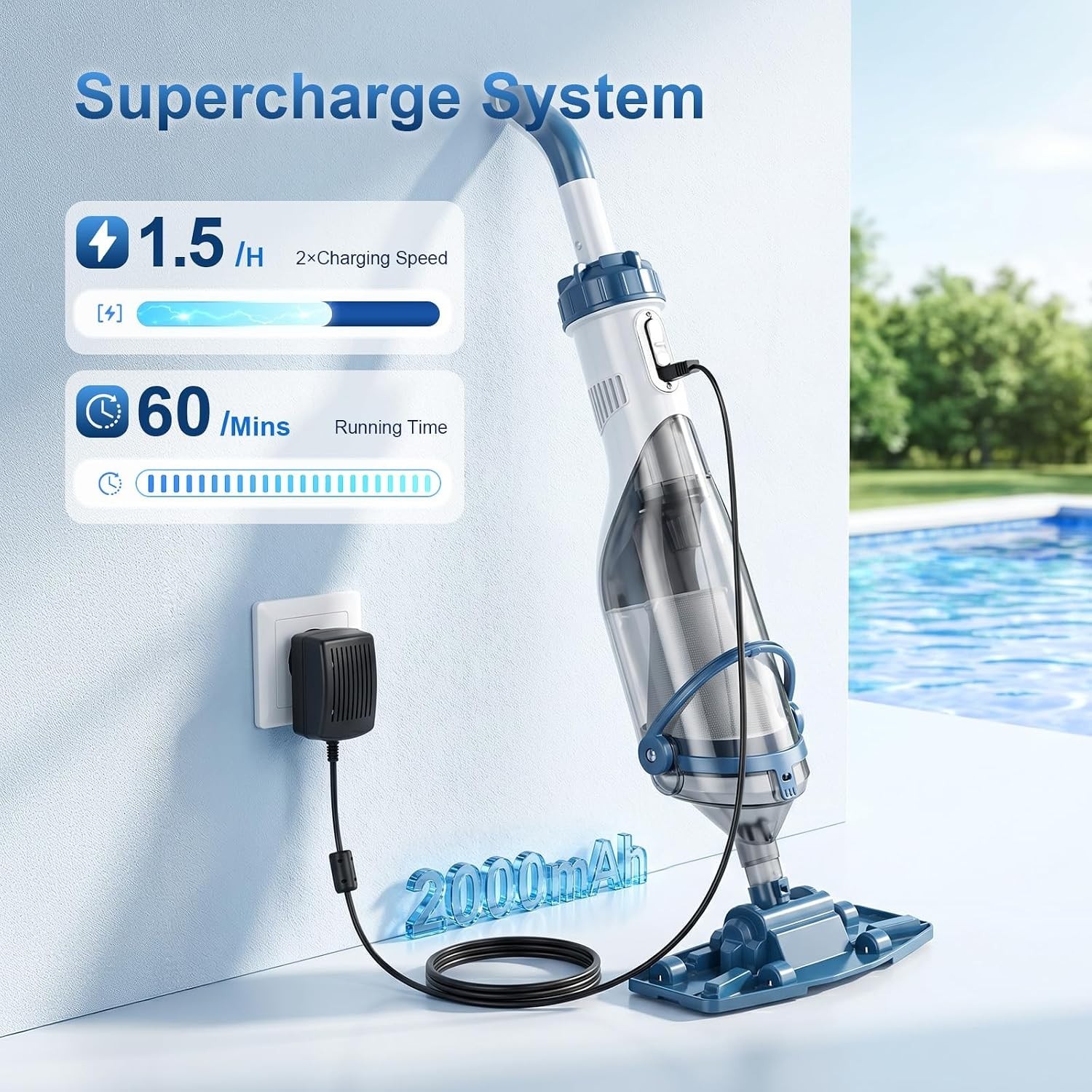 Cordless Pool Vacuum Cleaner 18.5GPM Rechargeable Above Ground Inground