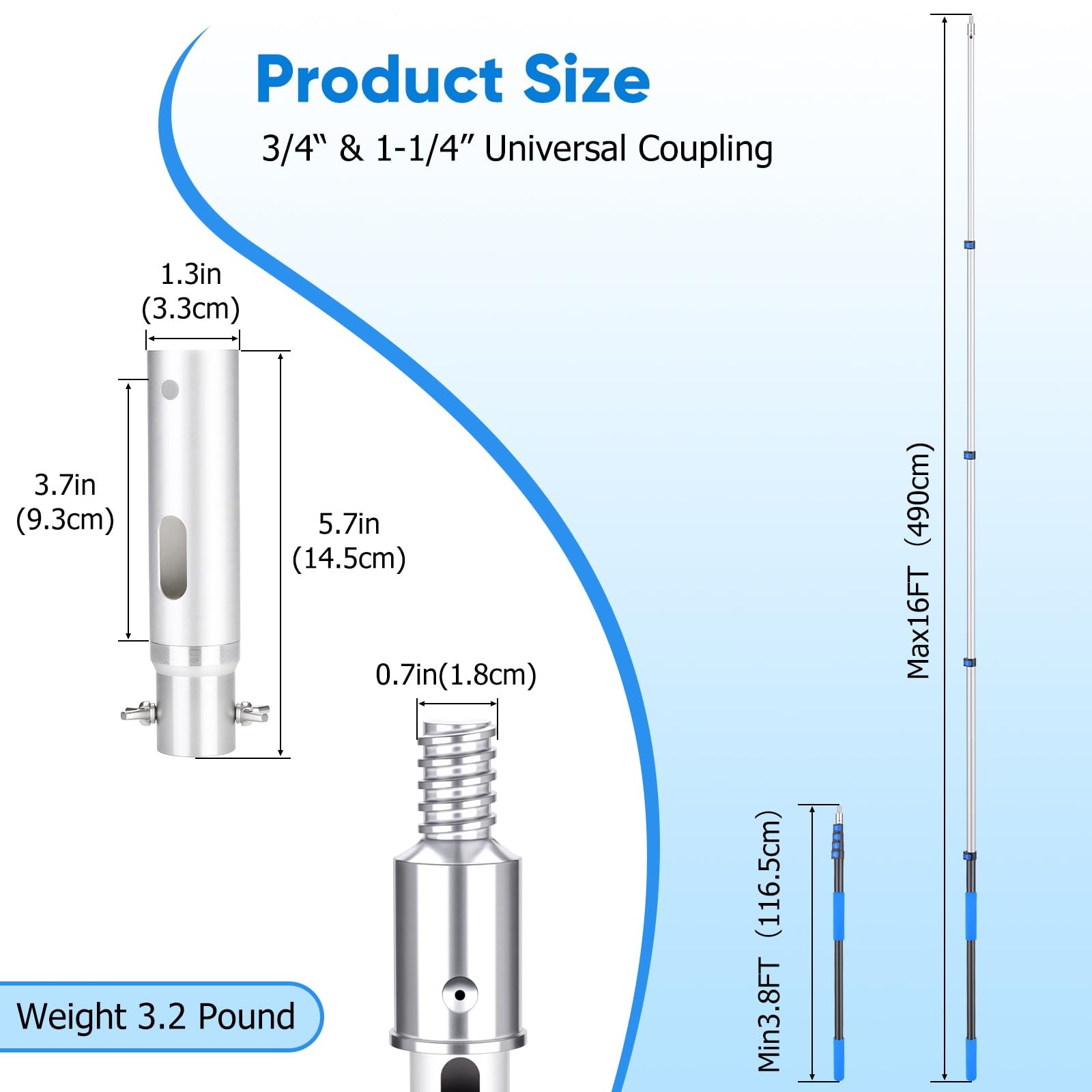 16FT Pool Pole Aluminum Telescopic Extension Pole,Suitable for Above-Ground/I…