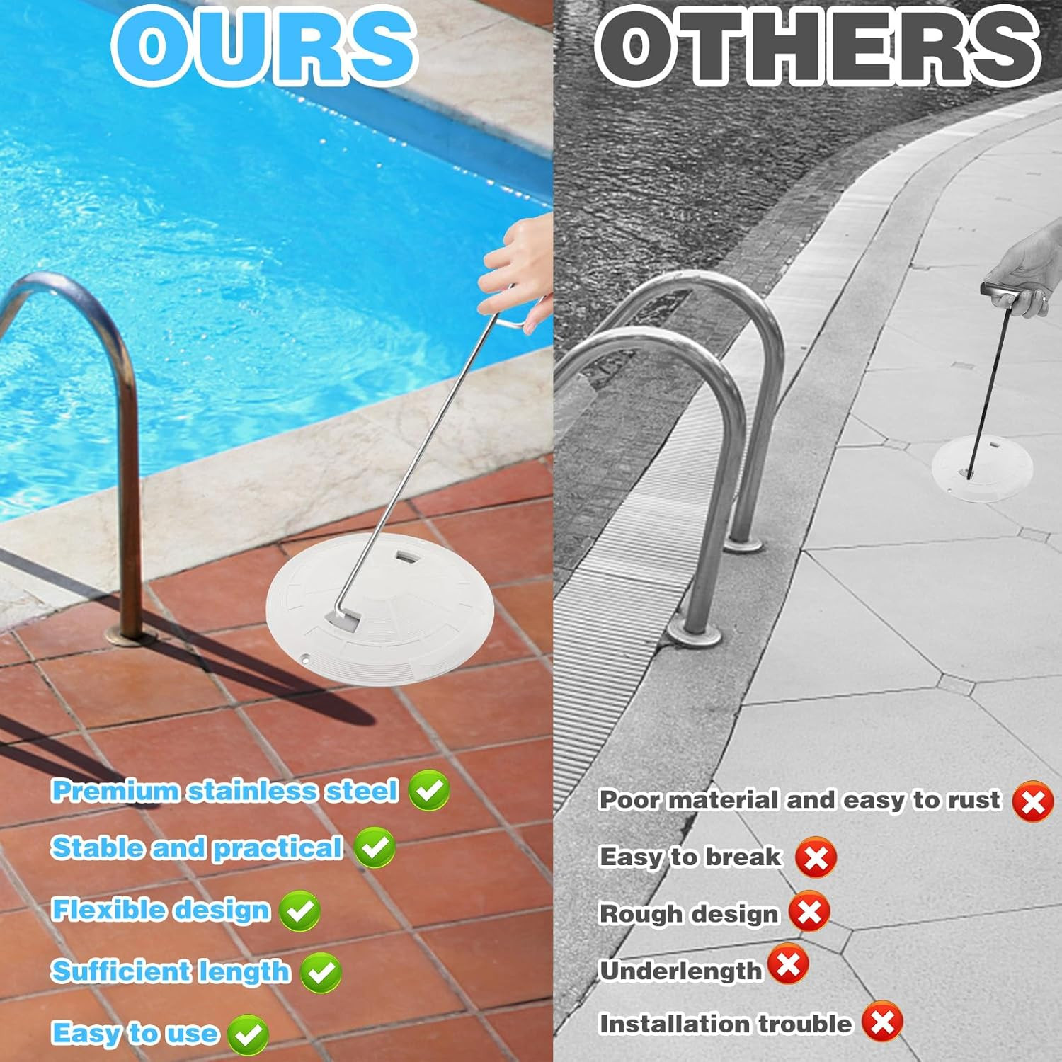 Pool Skimmer Basket Hook Tool Stainless Steel Handle for Safe Pool Cleaning D…
