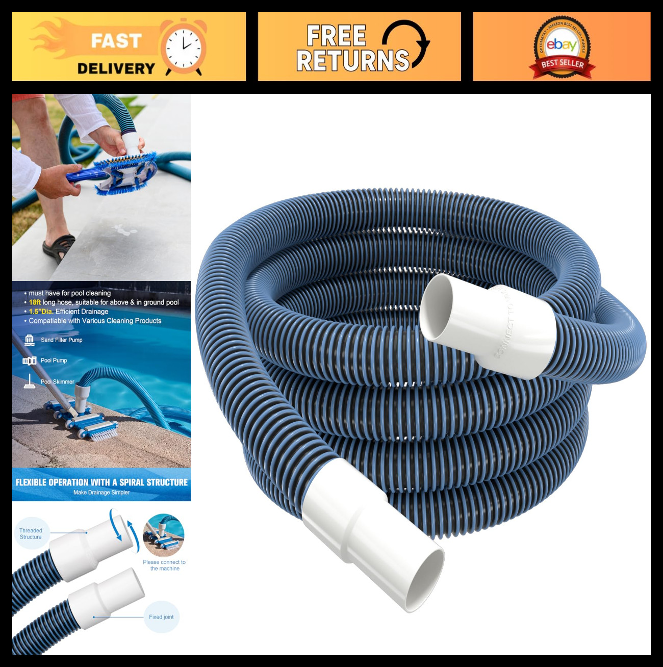 Flexible 18FT Pool Vacuum Hose 1.5&Prime; Diameter with Swivel Cuff – Heavy Duty Clean