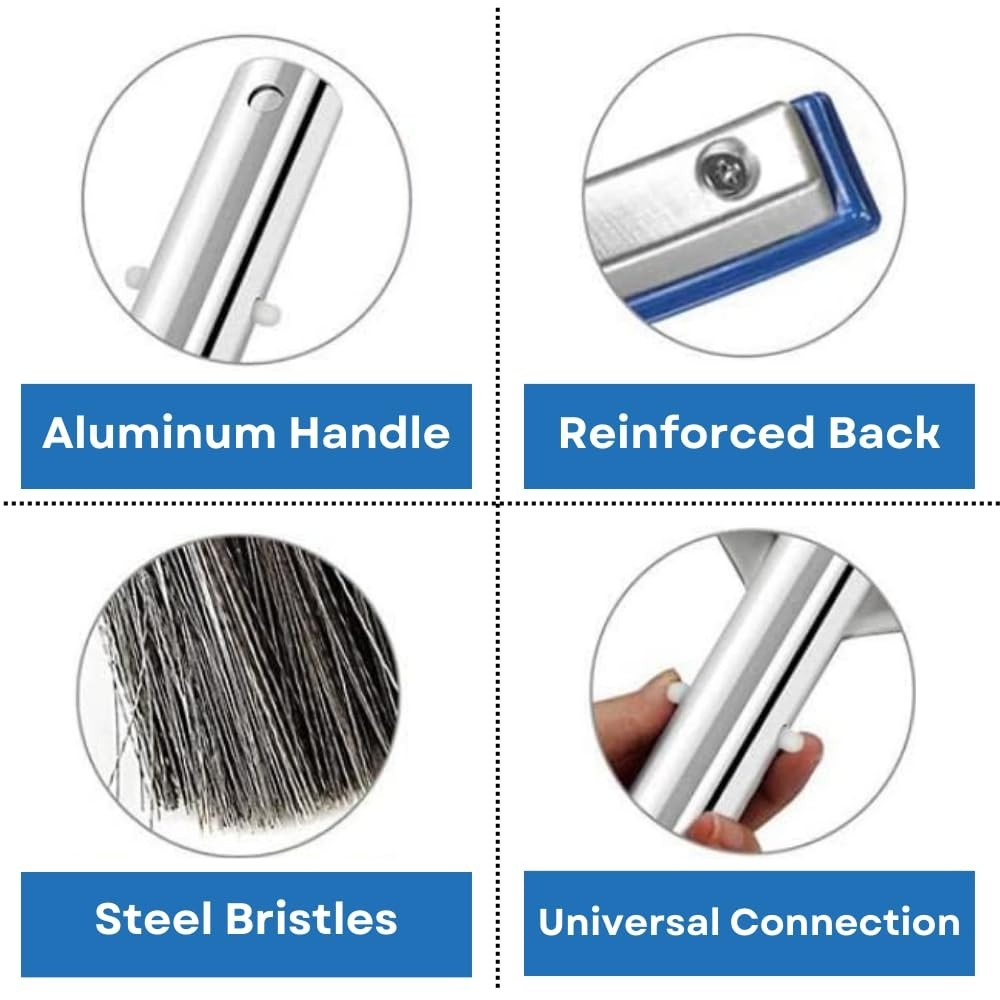 18&Prime; Heavy Duty Pool Brush Head – Stainless Steel Bristles, Curved Ends, EZ Clip,