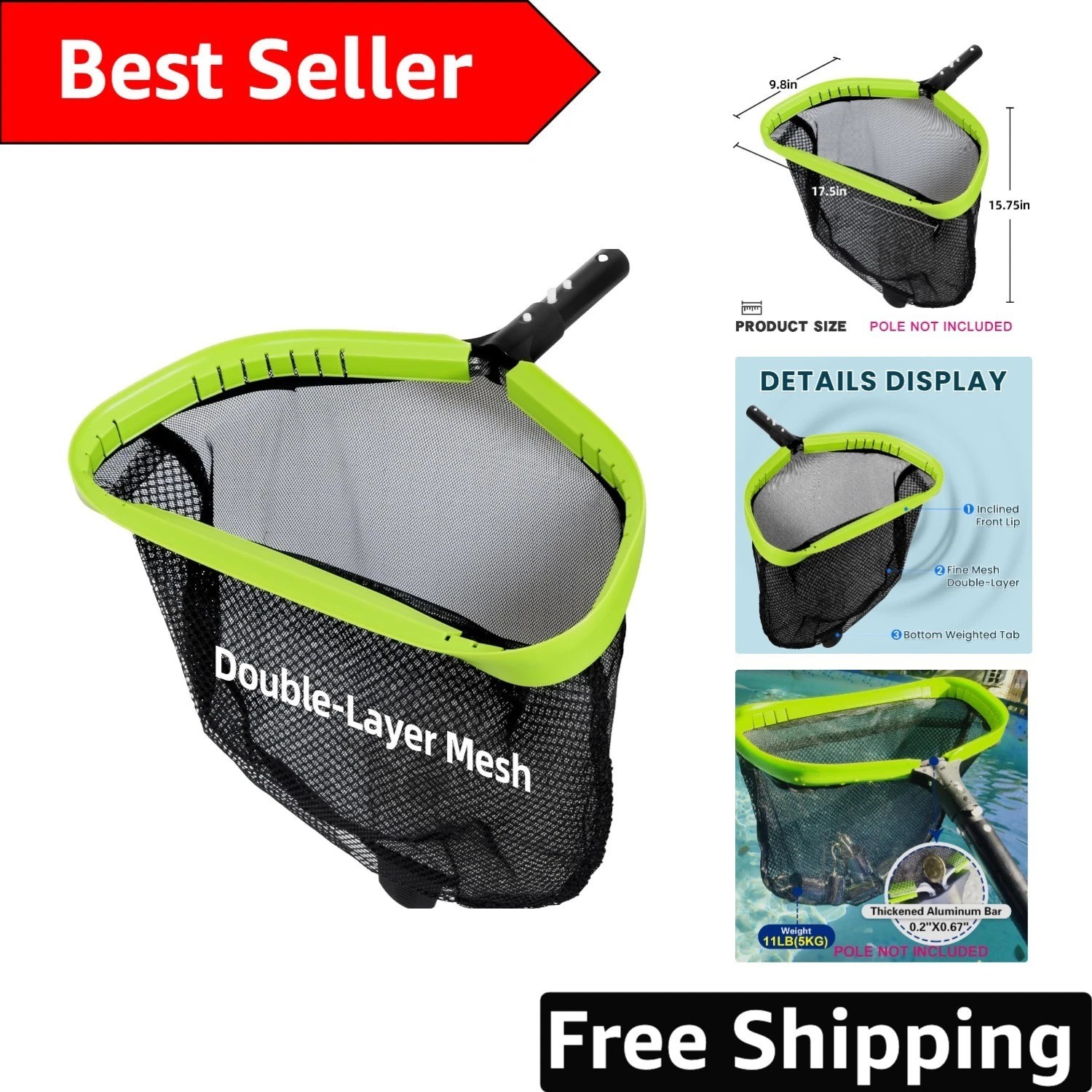 Durable 17.5 » Pool Skimmer Net – Weighted Design for Effortless Debris Removal