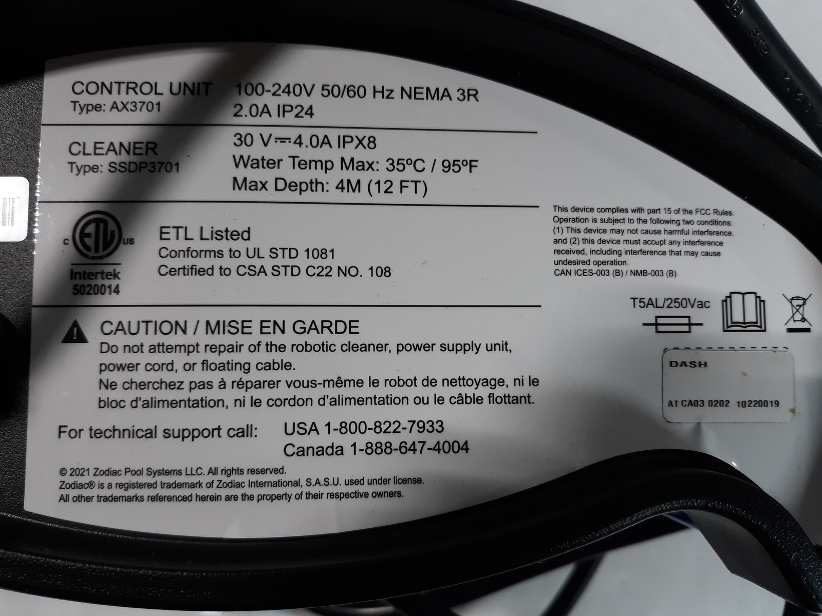 Zodiac AX3701 Robotic Pool Cleaner Control Unit 100-240V Power Supply