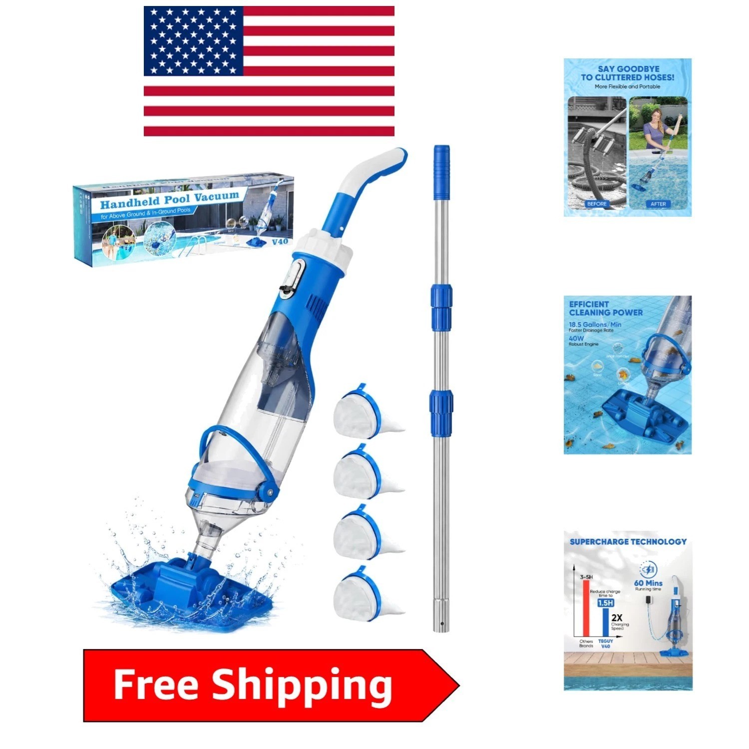 Cordless Pool Vacuum with Telescopic Pole & 40W Suction for Immaculate Cleaning