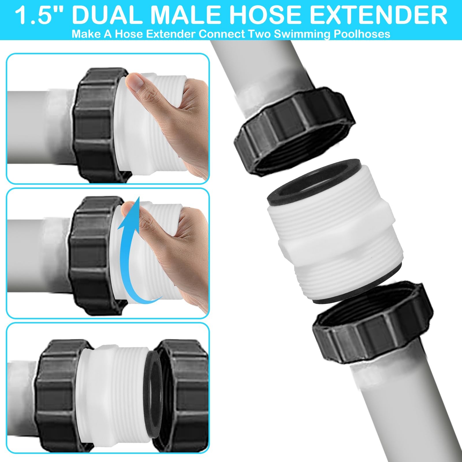 2Pcs 1.5’to 1.5’ Pool Hose Adapter, Connector 1.5 inches, 2pcs