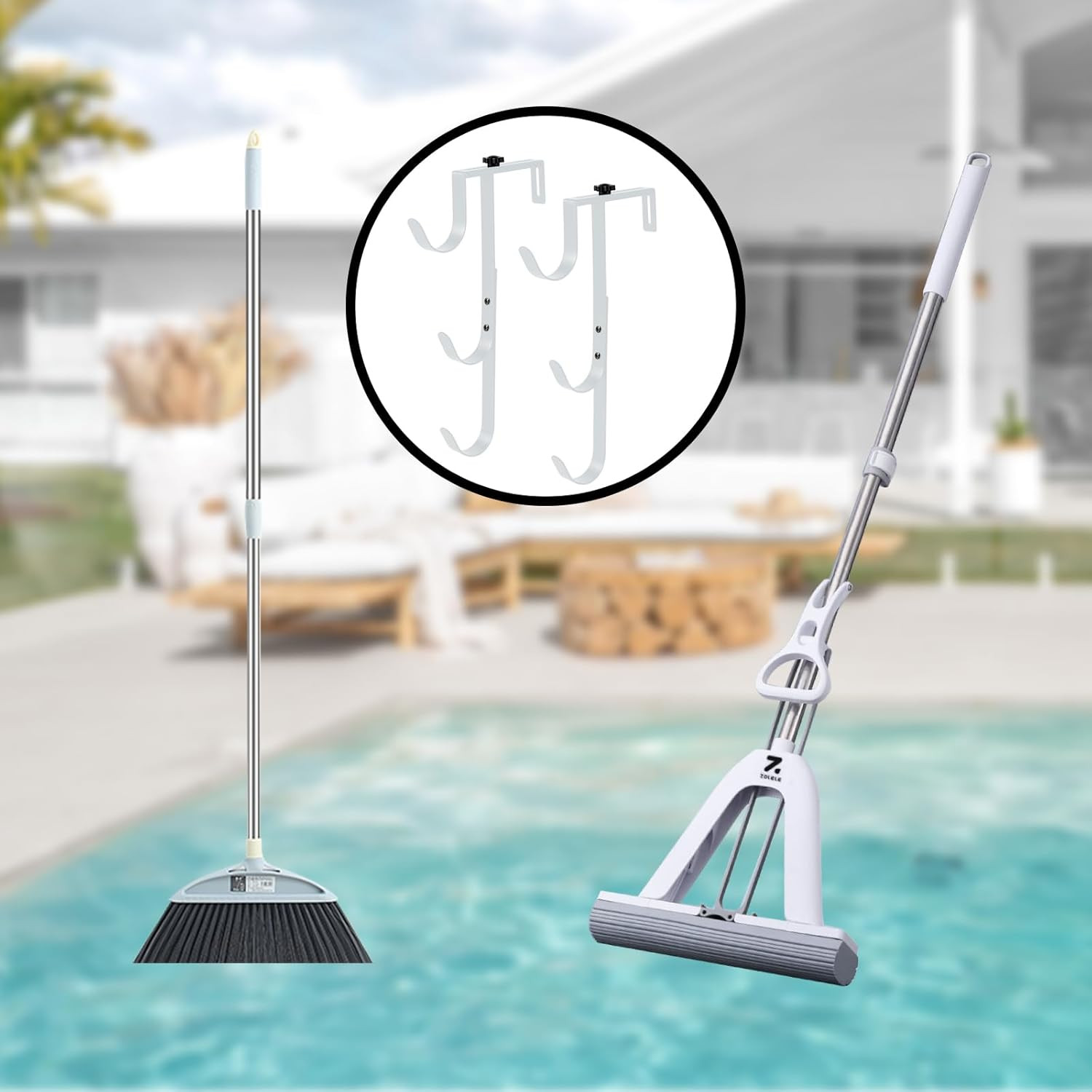 2Pcs White Pool Pole Hangers, Adjustable Heavy Duty Swimming Pool Fence Hooks fo