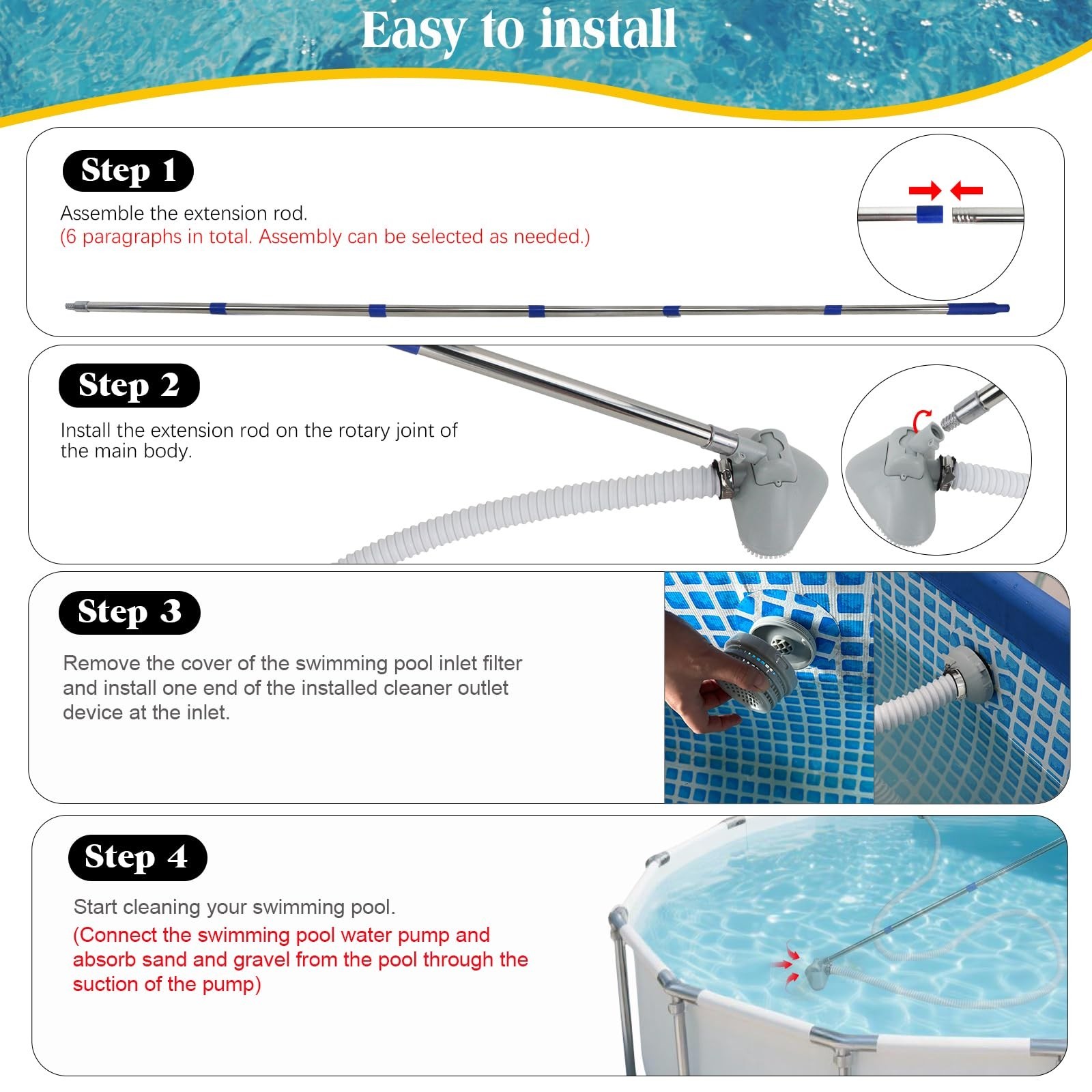 Handheld Pool Vacuum for Above-Ground Pools, Telescopic Pole & 13ft Hose, Cleane