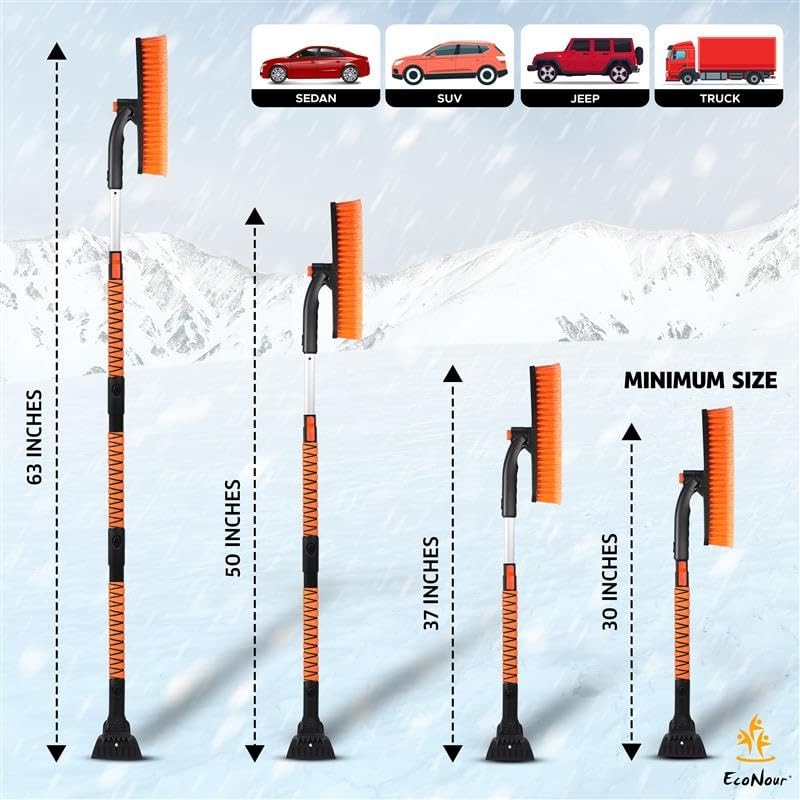 Extendable Snow Brush & Ice Scraper with 360° Pivoting Head | Telescopic 63&Prime;