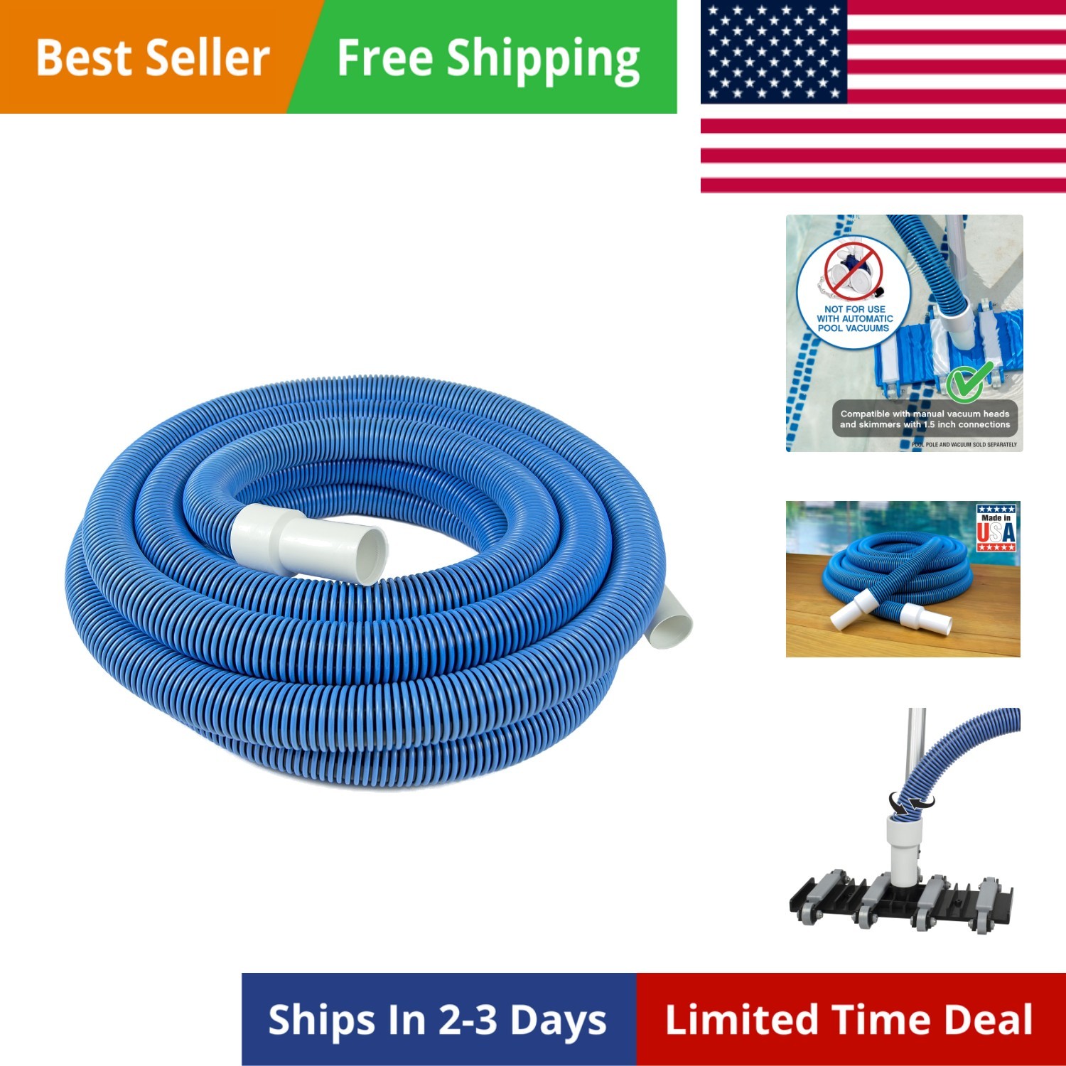 Manual Pool Vacuum Hose, 40 Ft x 1-1/2” for Inground & Above Ground Pools, No…