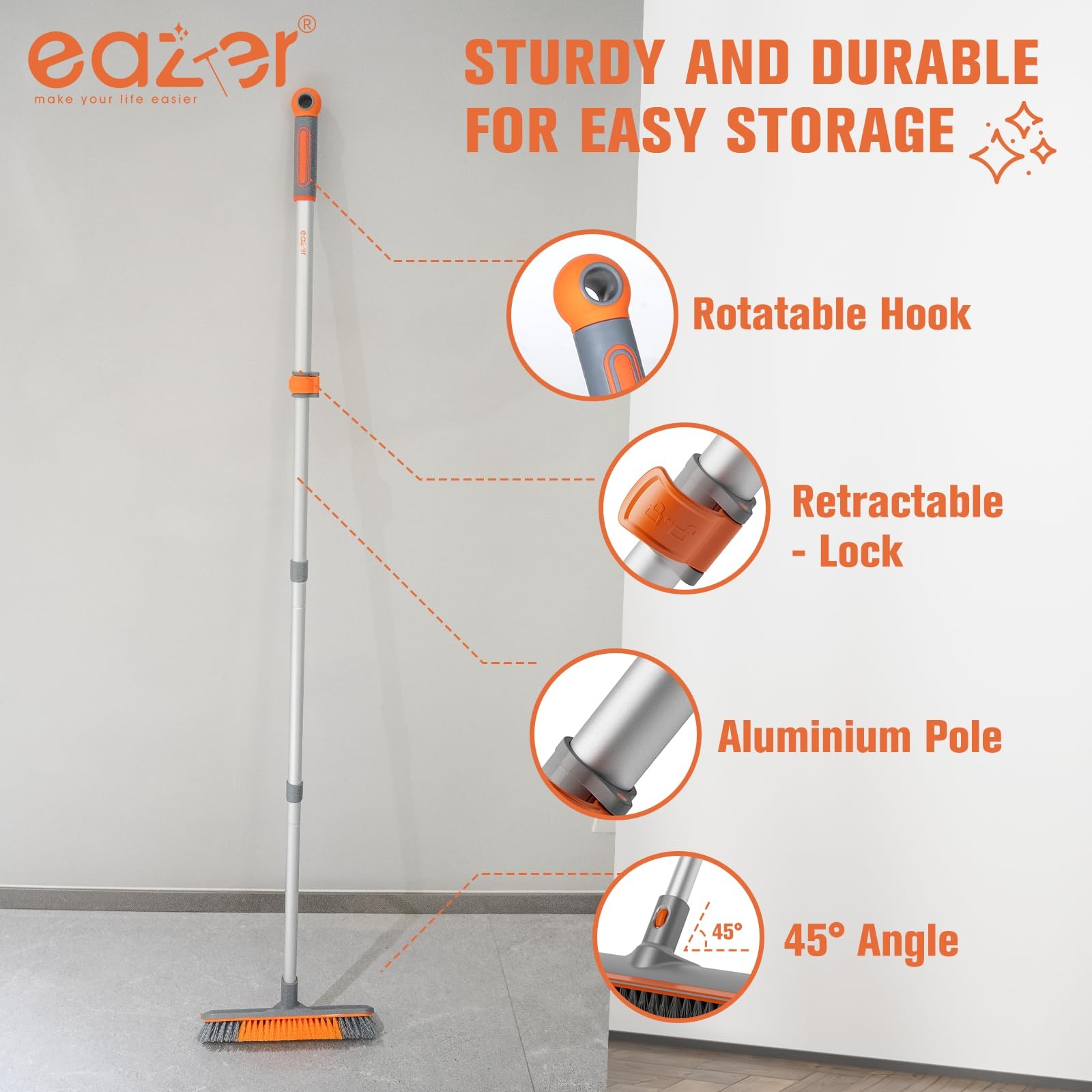 2in1 Floor Scrub Brush with Long Handle, Soft/Hard Bristles for Indoor/Outdoor