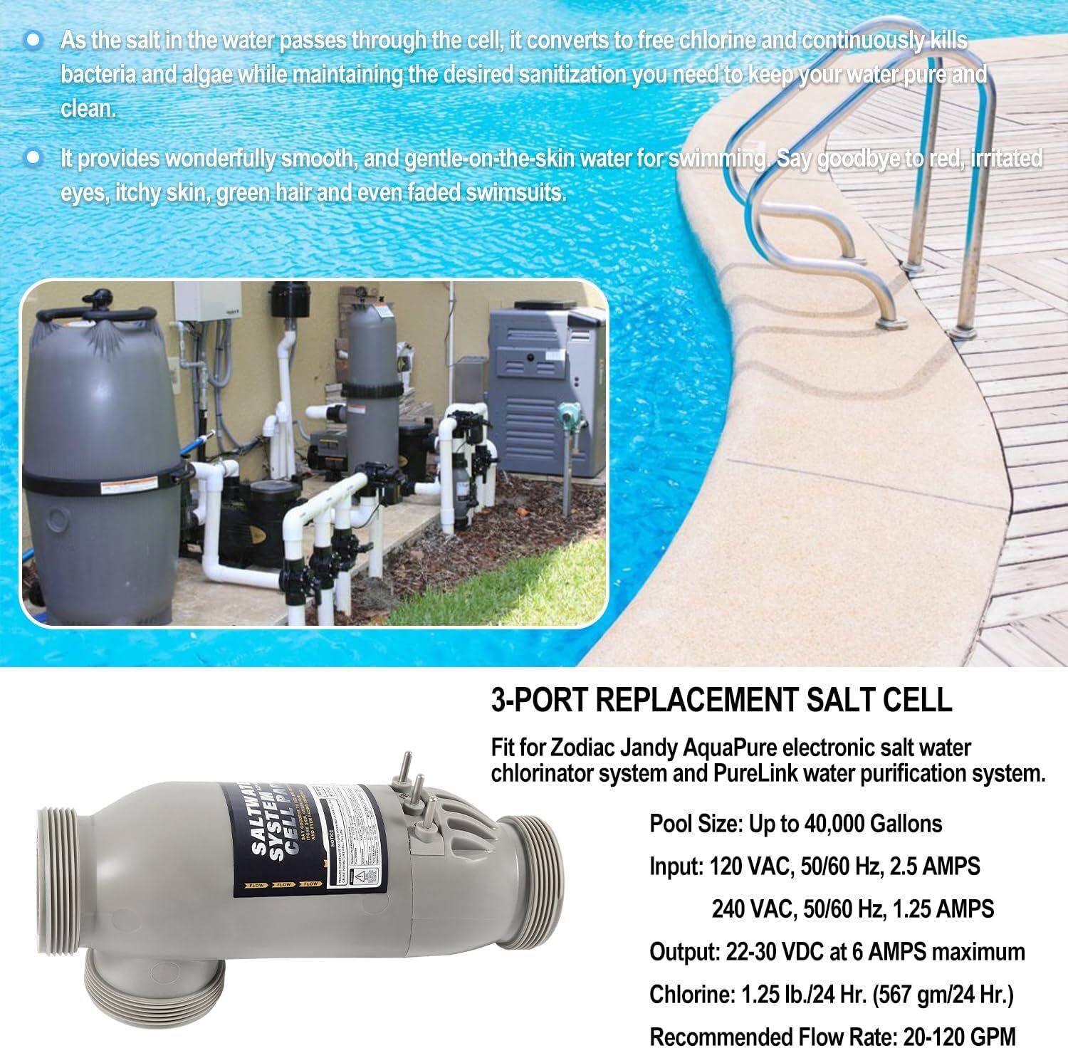 Complete R0452400 3-Port Salt Cell Replacement for Zodiac Jandy AquaPure PLC140