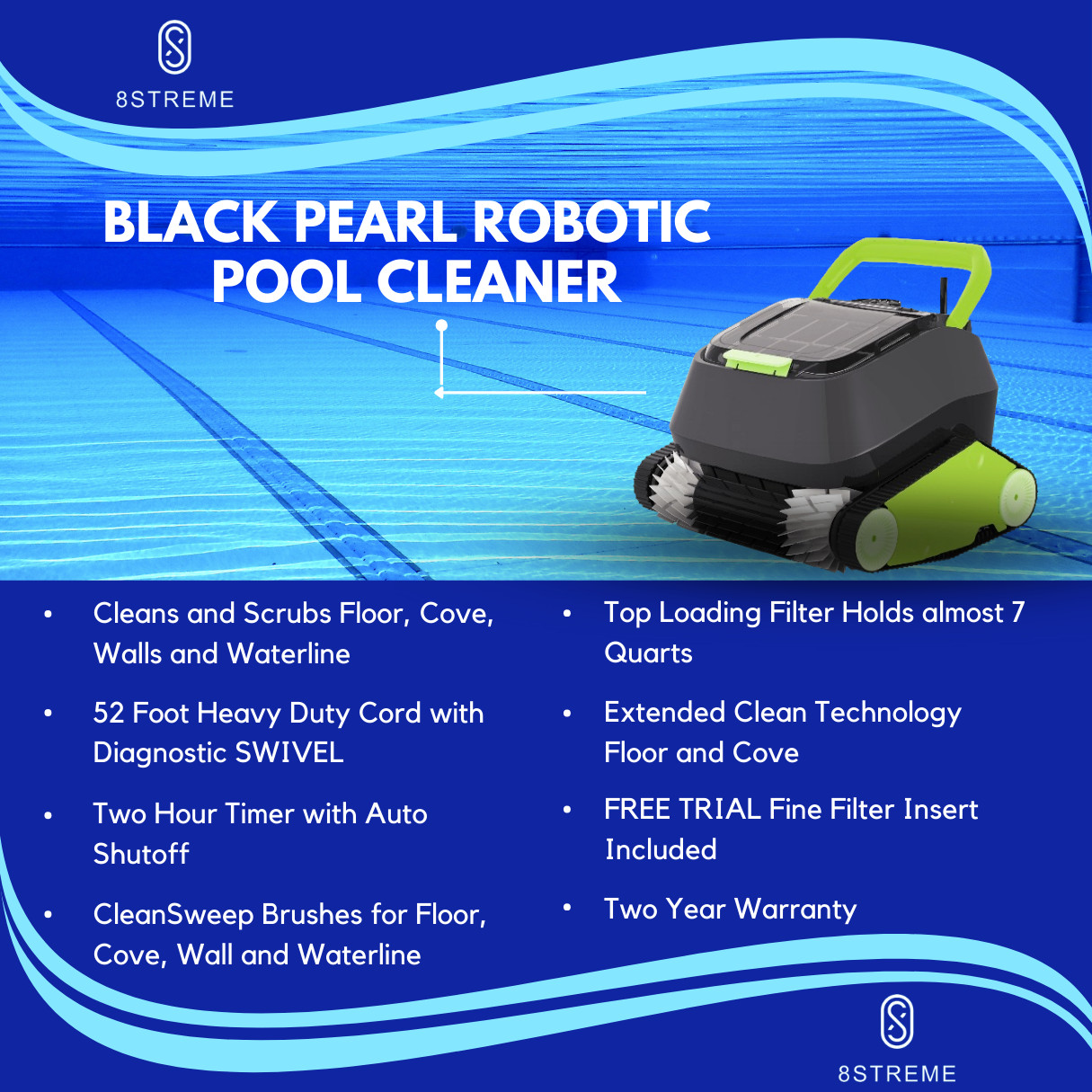 8STREME Black Pearl Robotic Pool Cleaner, Wall Scrubbing All Pools up to 20 x 40