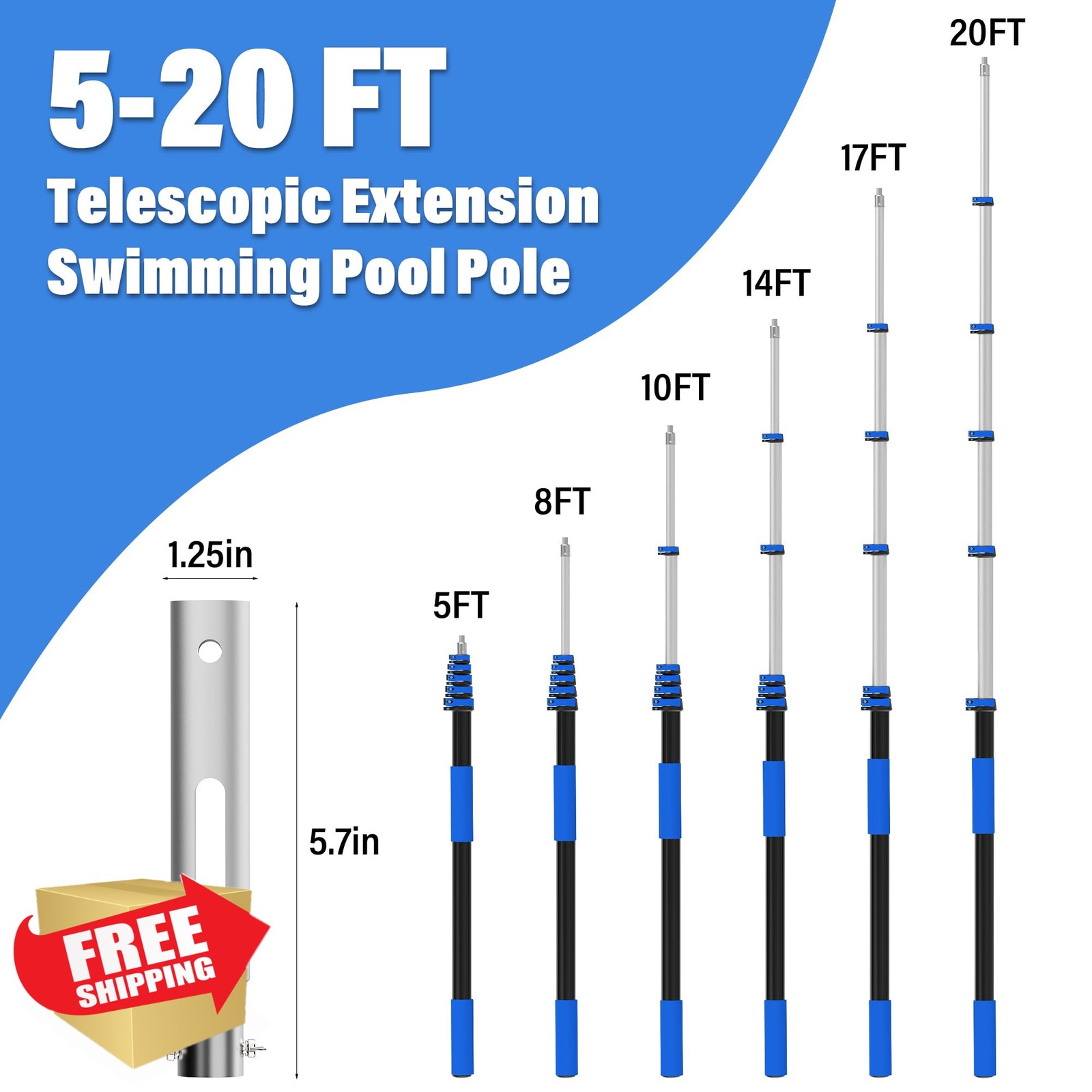 TONYINGO 5-20 FT Telescopic Pool Pole, Aluminum Alloy Extension Pole with Fli…