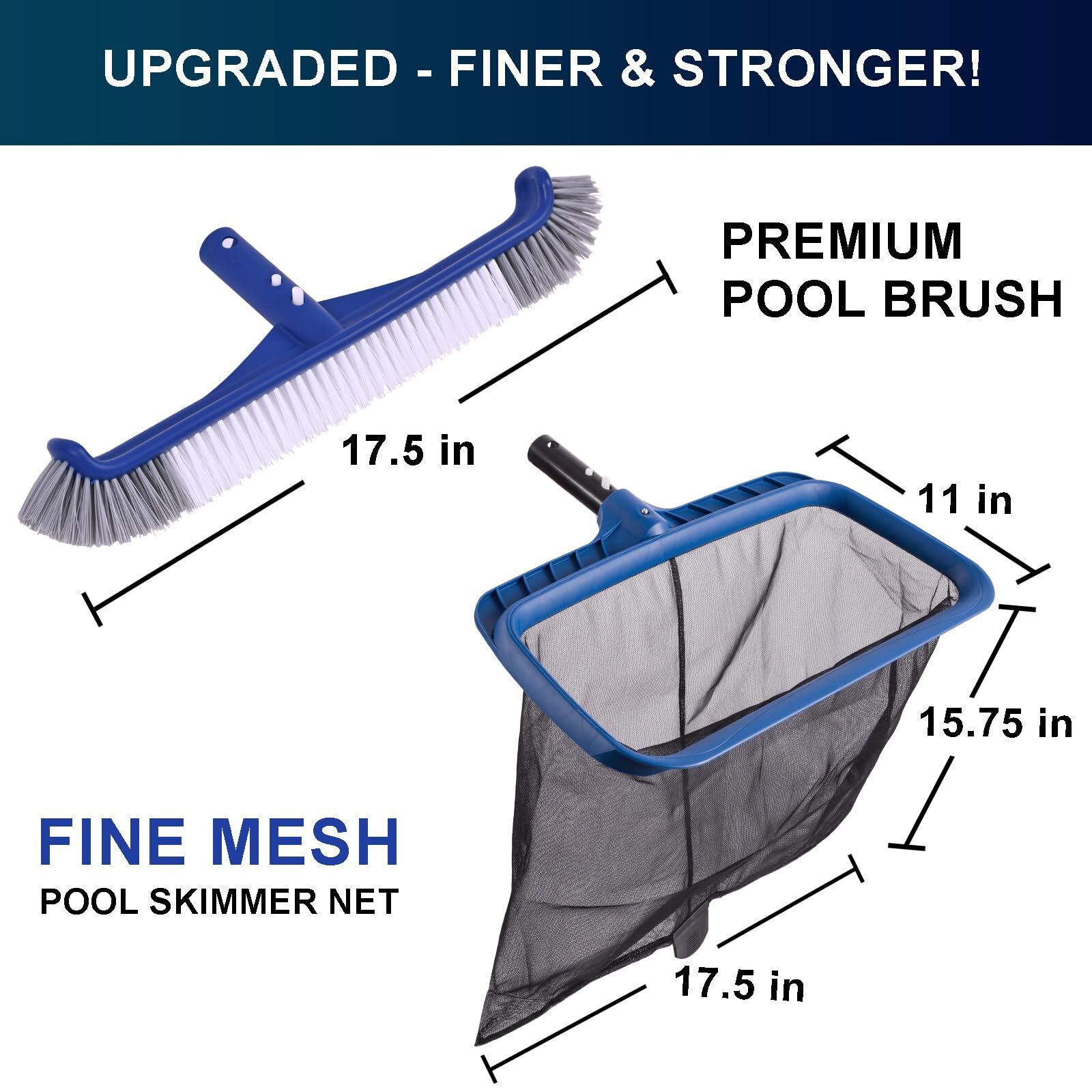 Fine Mesh Pool Net & Brush Head Combo Sturdy Skimmer With 17.5&Prime; Professional Bru