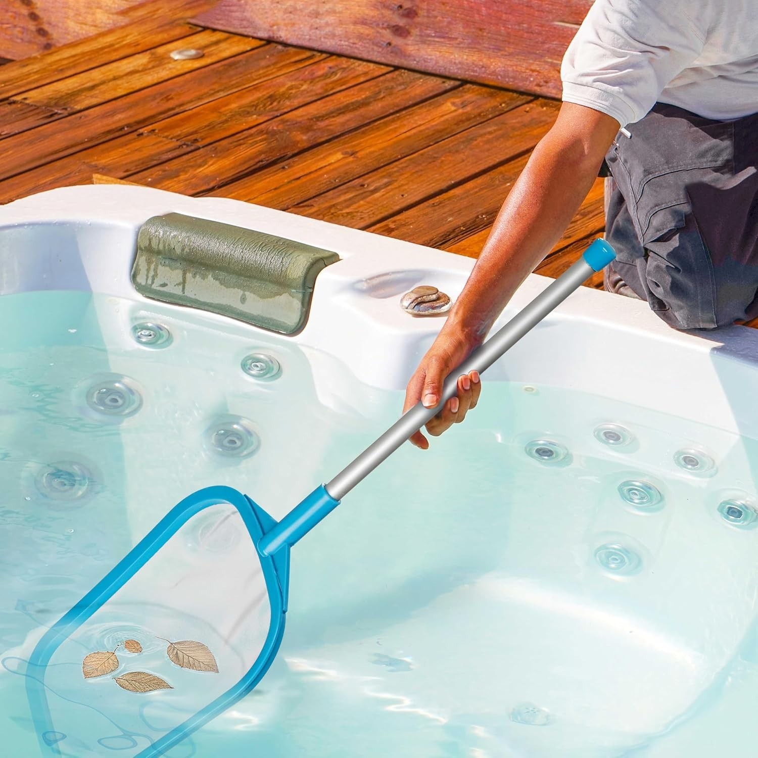 Teal Blue Handheld Pool Skimmer Net with 17-Inch Pole for Effortless Cleaning