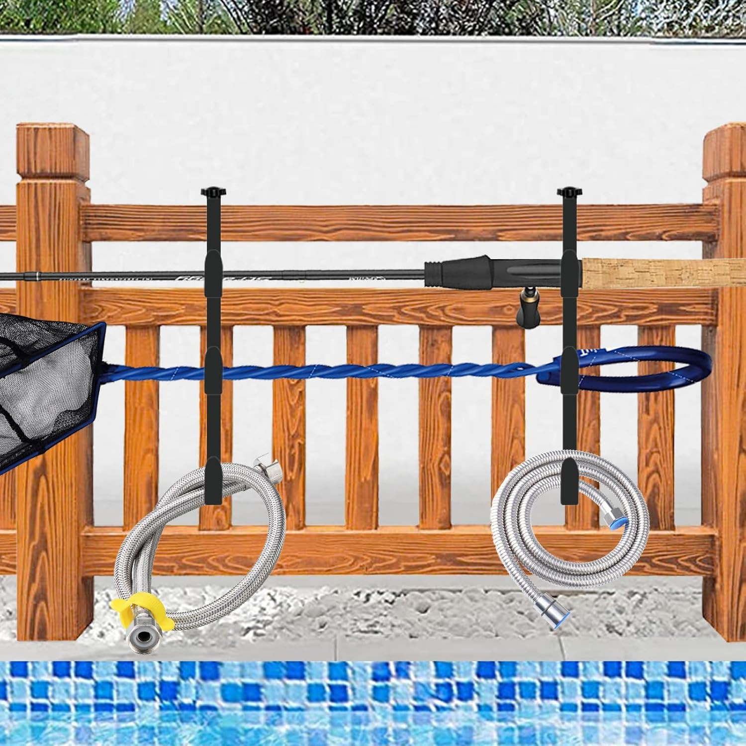 2Pcs Black Pool Pole Hangers, Adjustable Heavy Duty Swimming Pool Fence Hooks fo